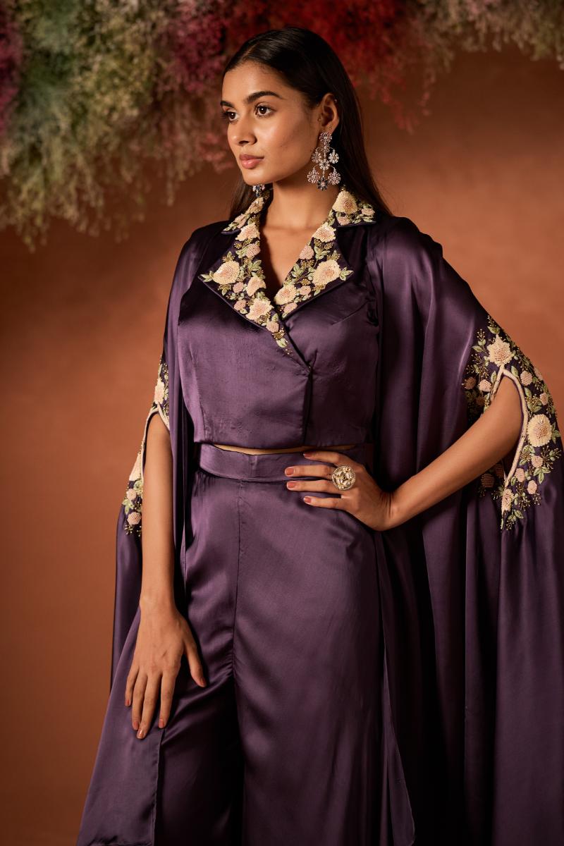 Mauve Glow Embellished Satin Silk Cape Set