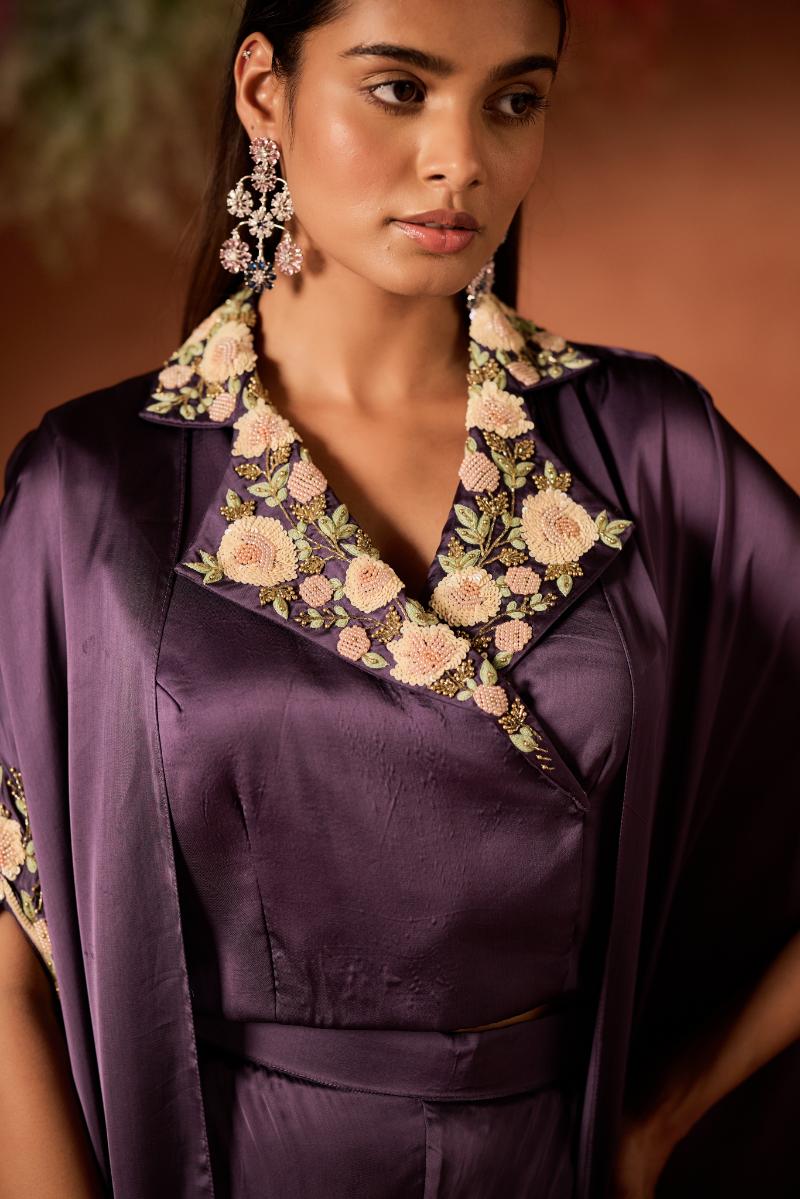 Mauve Glow Embellished Satin Silk Cape Set