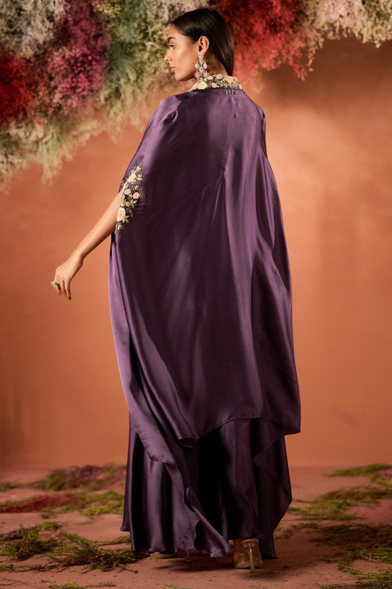 Mauve Glow Embellished Satin Silk Cape Set
