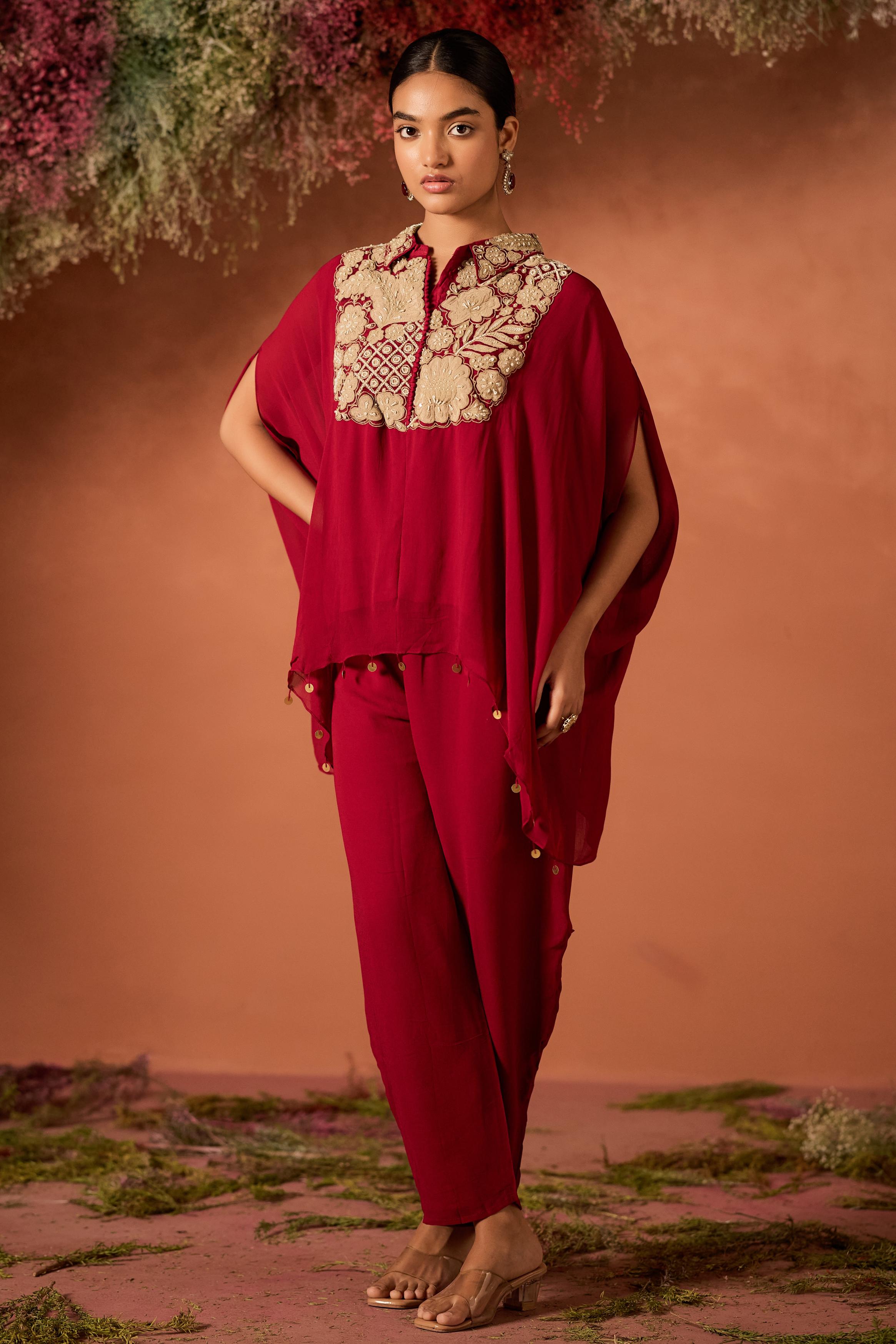 Maroon Red Embellished Georgette Silk Kaftan Set