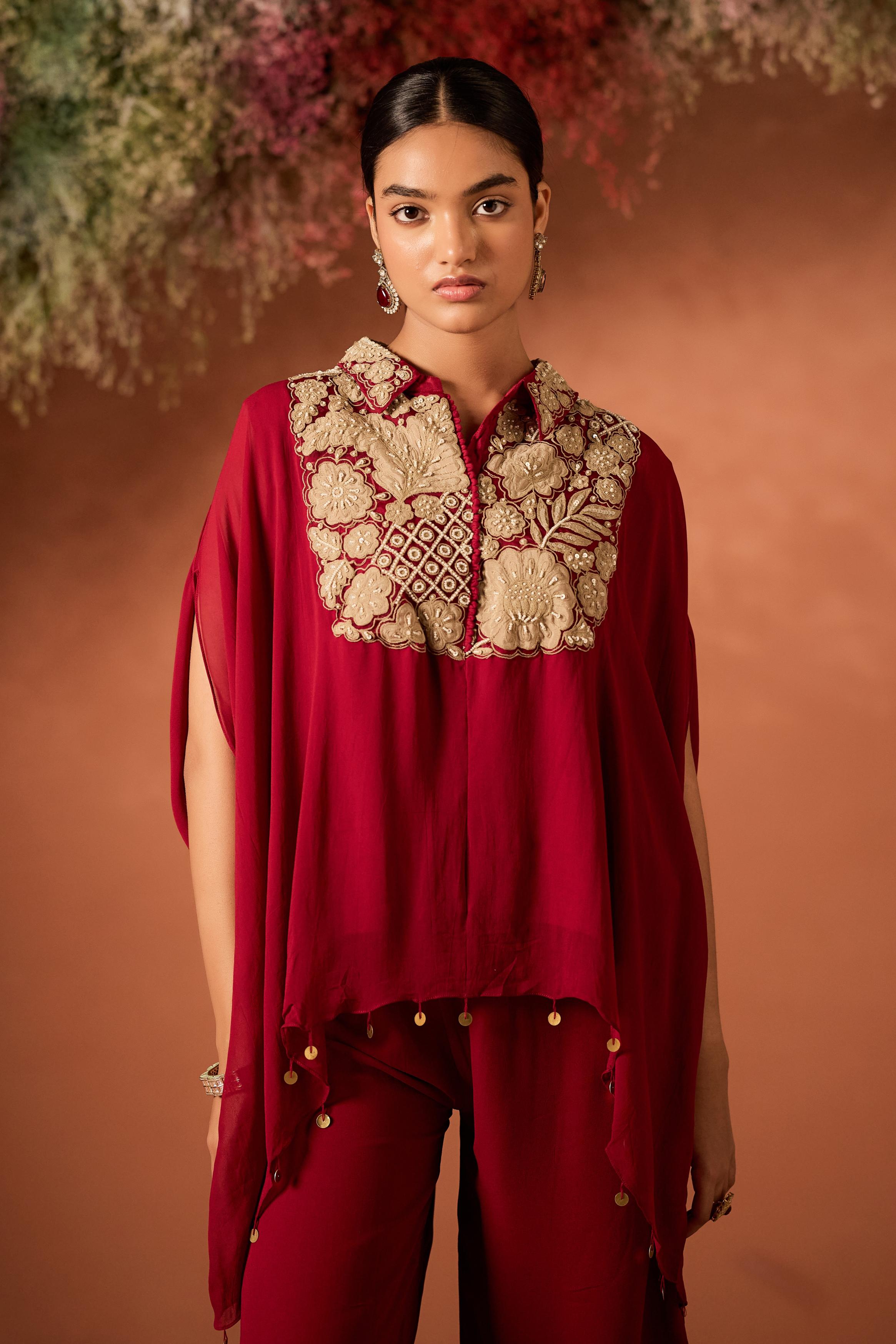 Maroon Red Embellished Georgette Silk Kaftan Set