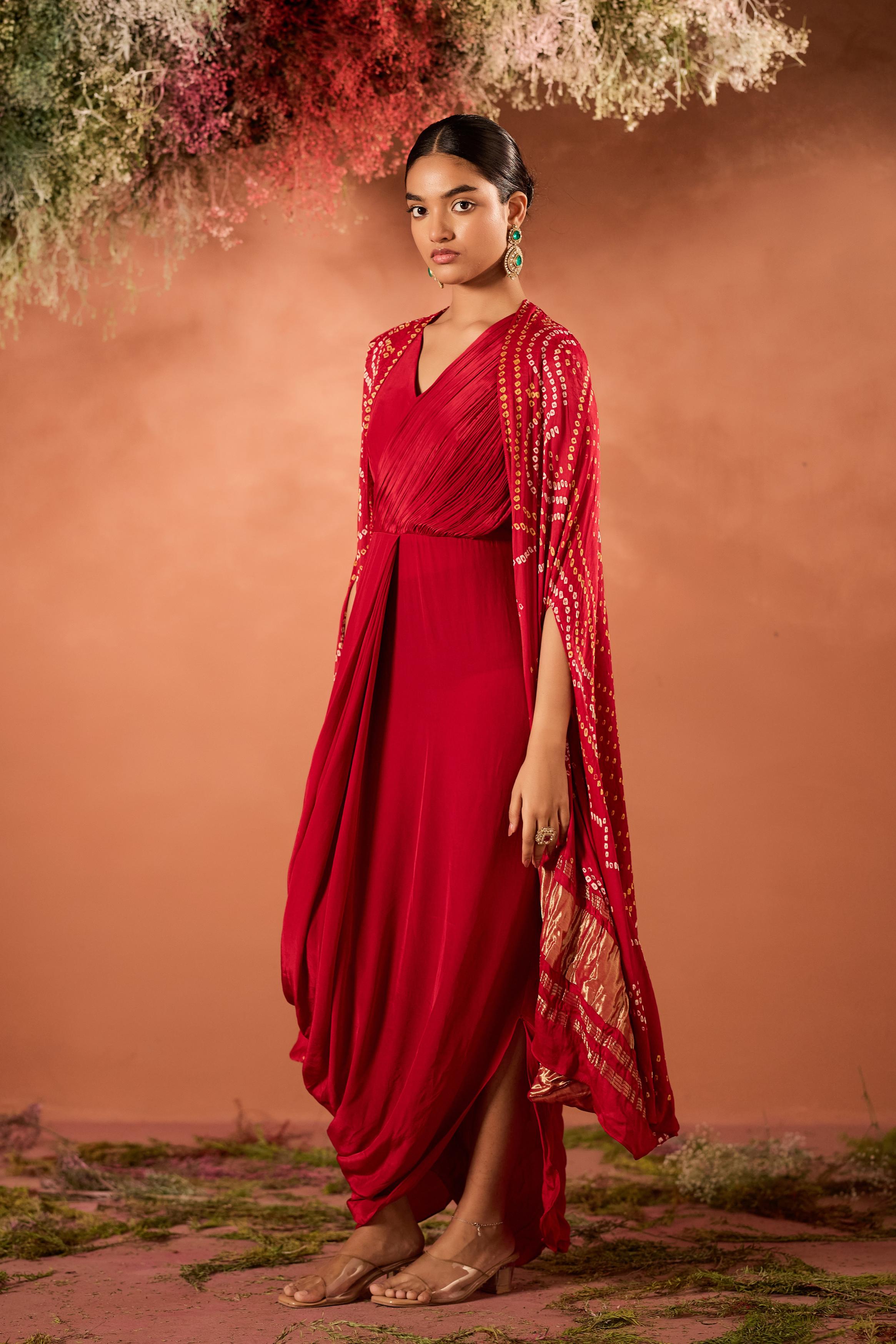 Crimson Red Embellished Satin Silk Draped Gown