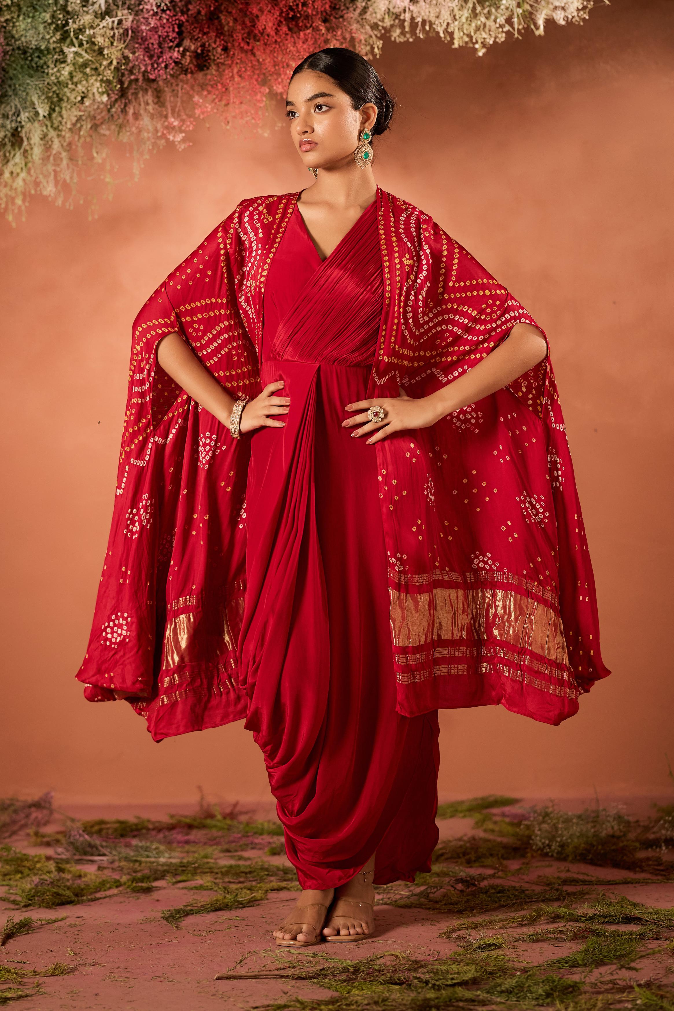 Crimson Red Embellished Satin Silk Draped Gown