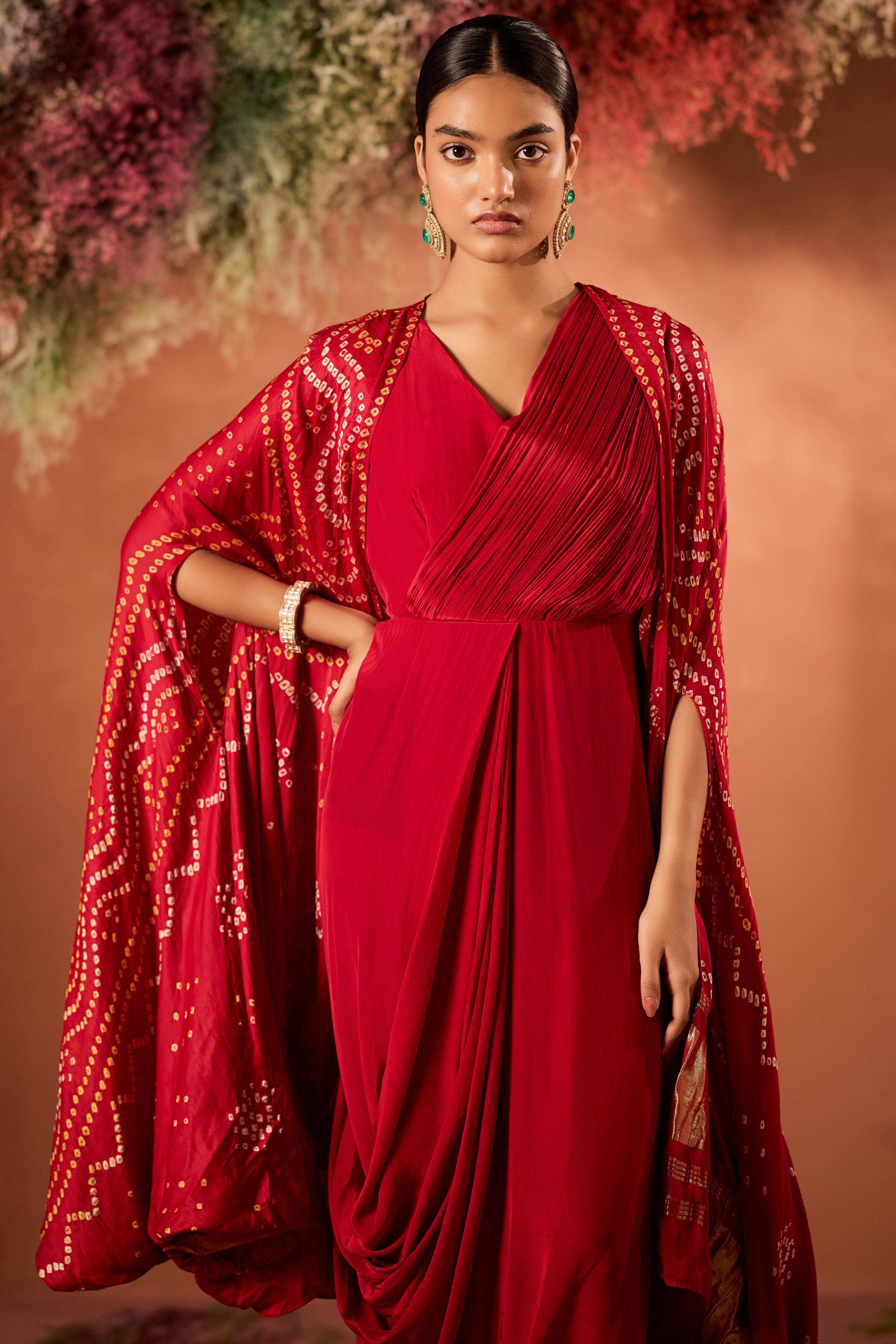 Crimson Red Embellished Satin Silk Draped Gown