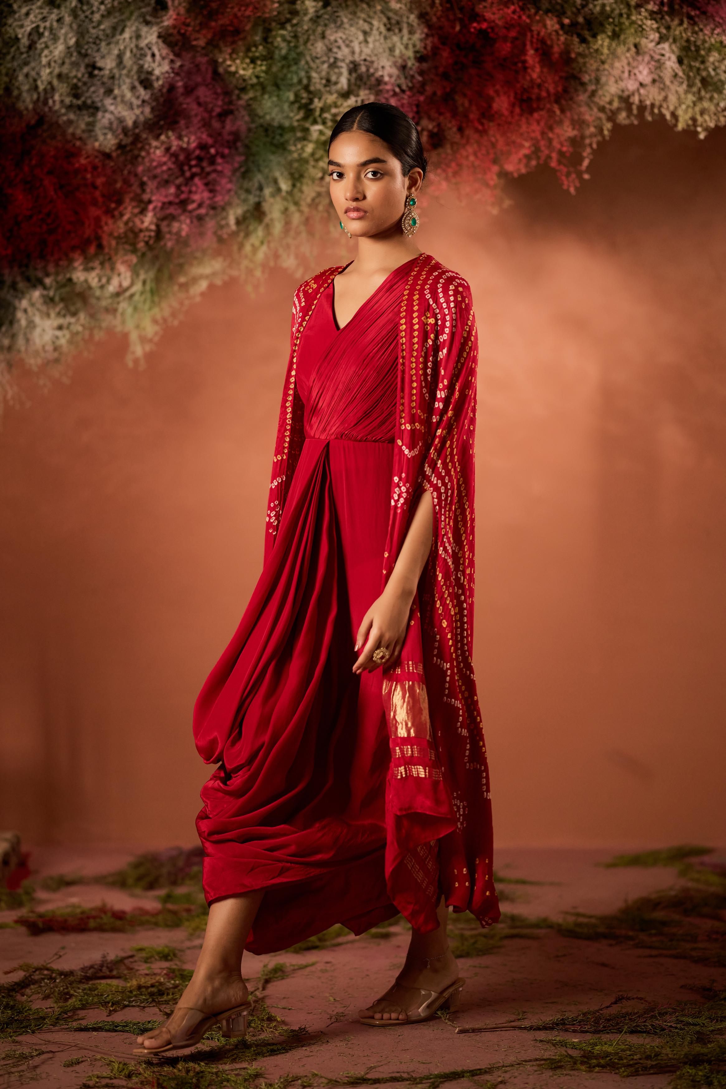 Crimson Red Embellished Satin Silk Draped Gown