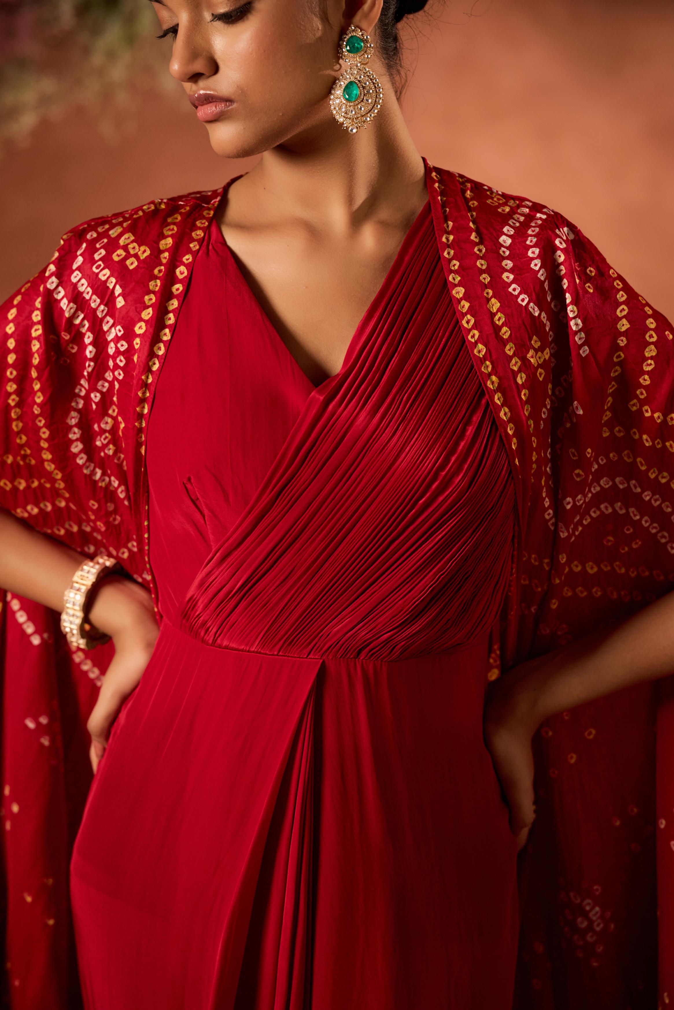 Crimson Red Embellished Satin Silk Draped Gown