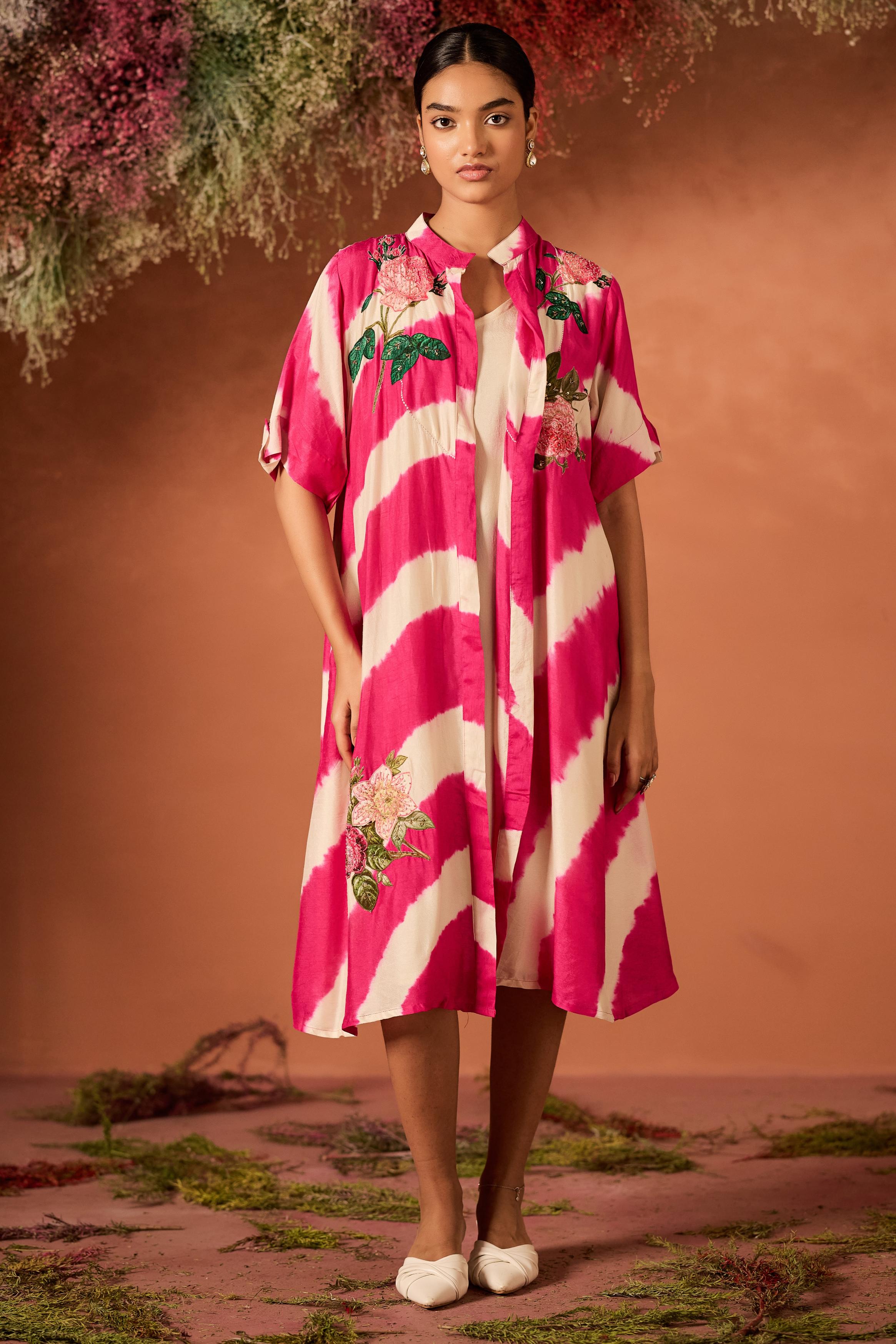 Fuchsia Pink Embellished Raw Silk Tunic Set