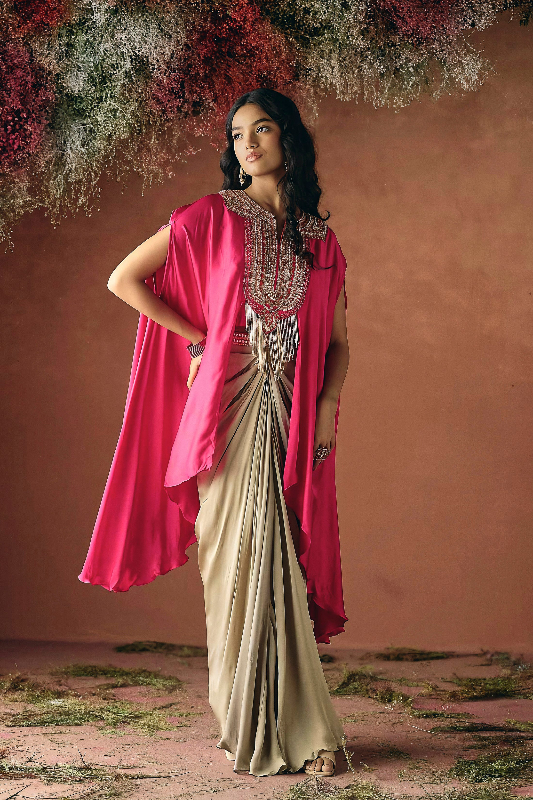 Vibrant Pink Embellished Satin Silk Drape Skirt Set