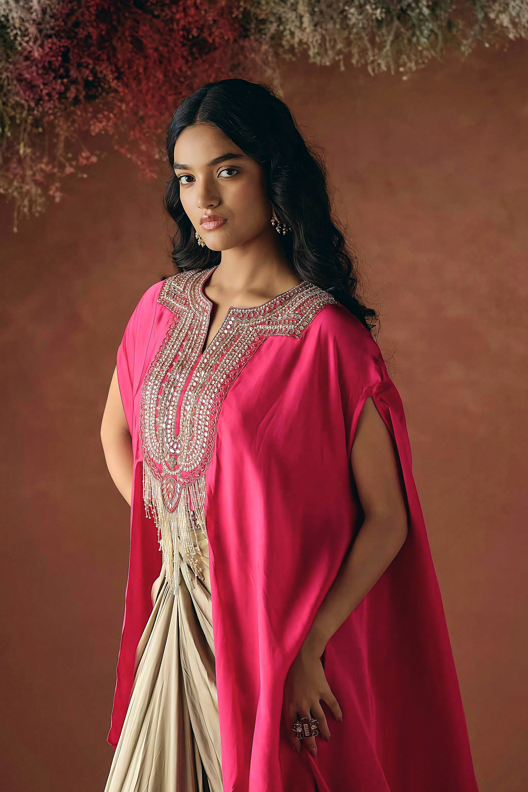 Vibrant Pink Embellished Satin Silk Drape Skirt Set