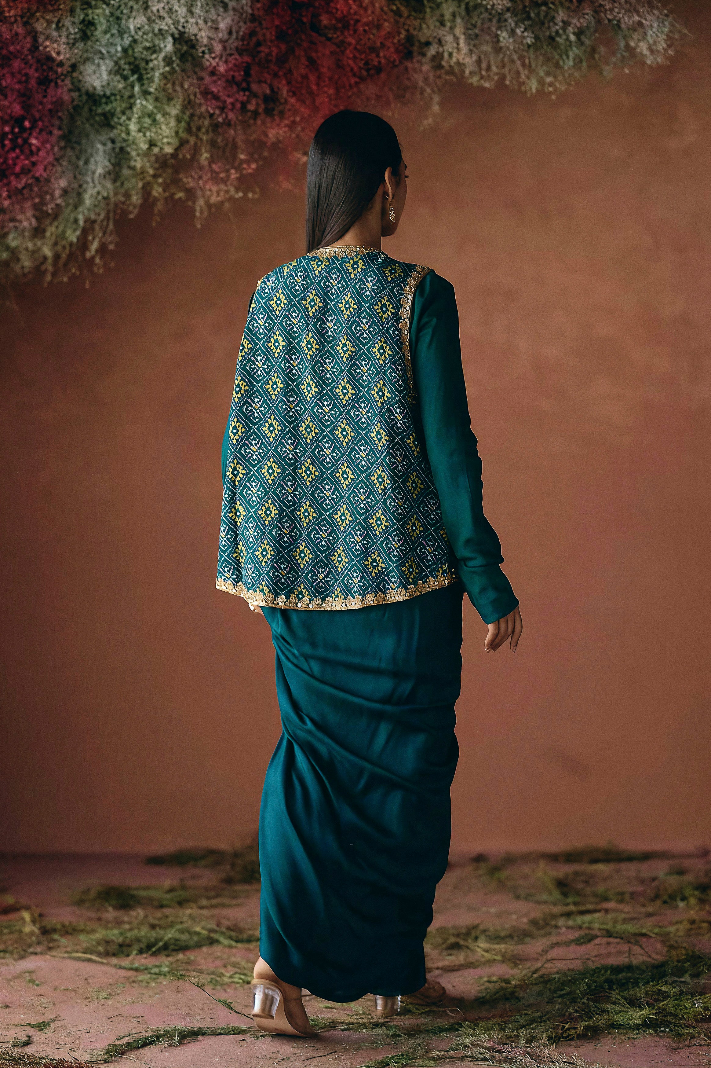 Teal Green Embellished Premium Silk Skirt Set