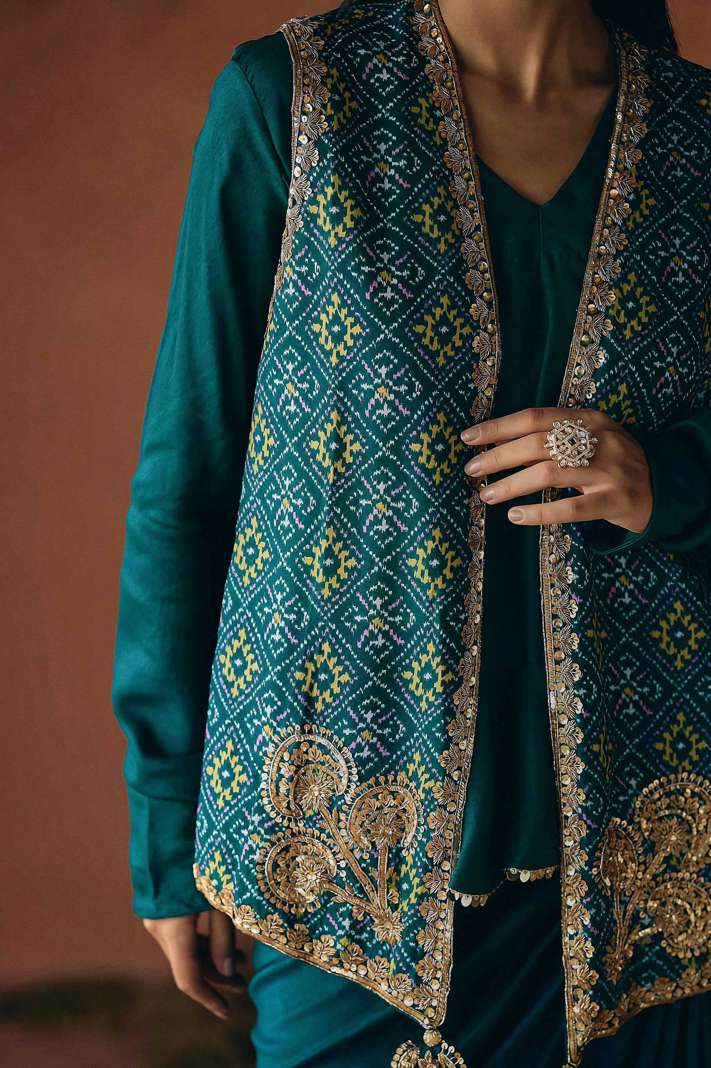 Teal Green Embellished Premium Silk Skirt Set