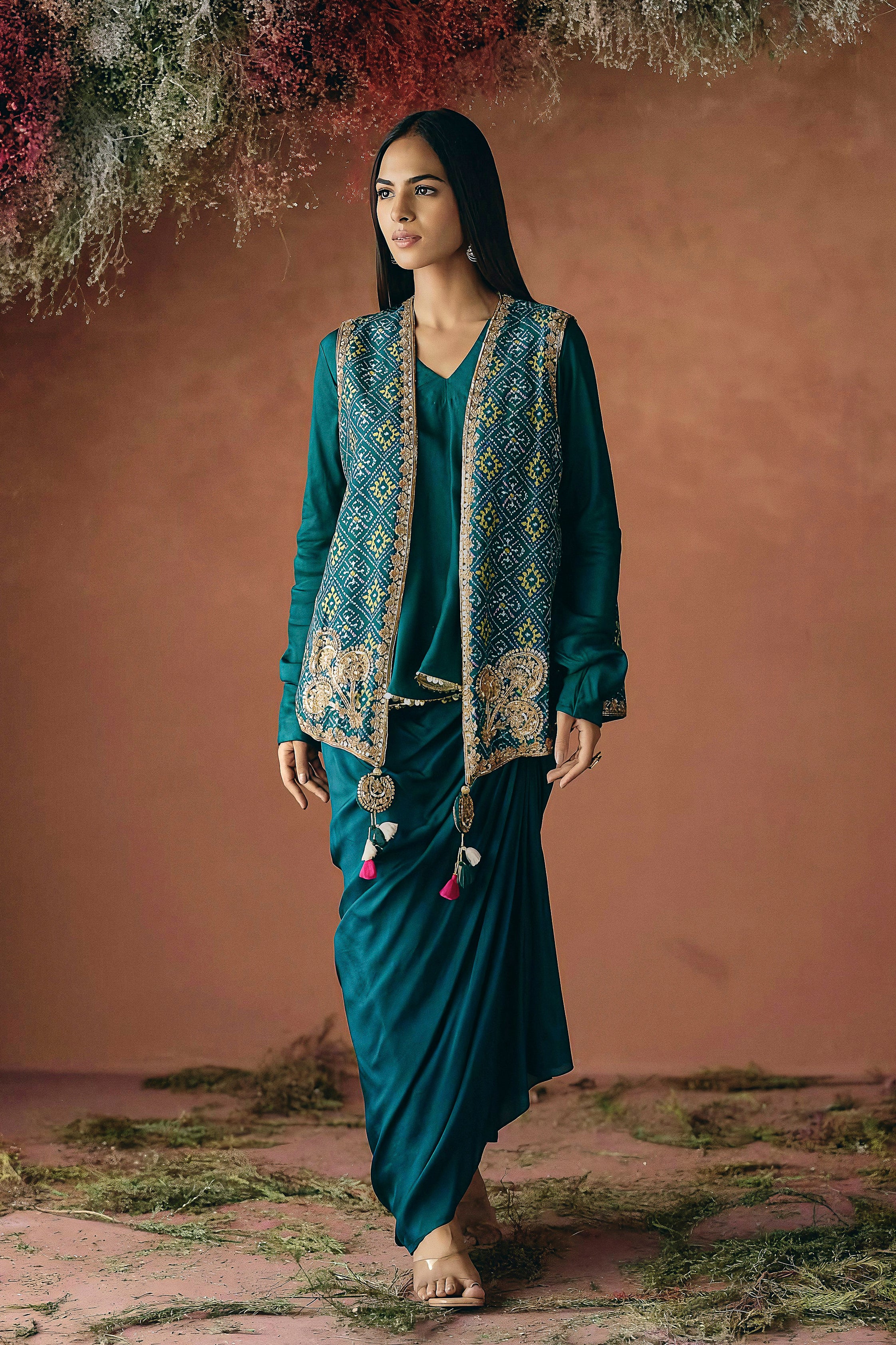 Teal Green Embellished Premium Silk Skirt Set