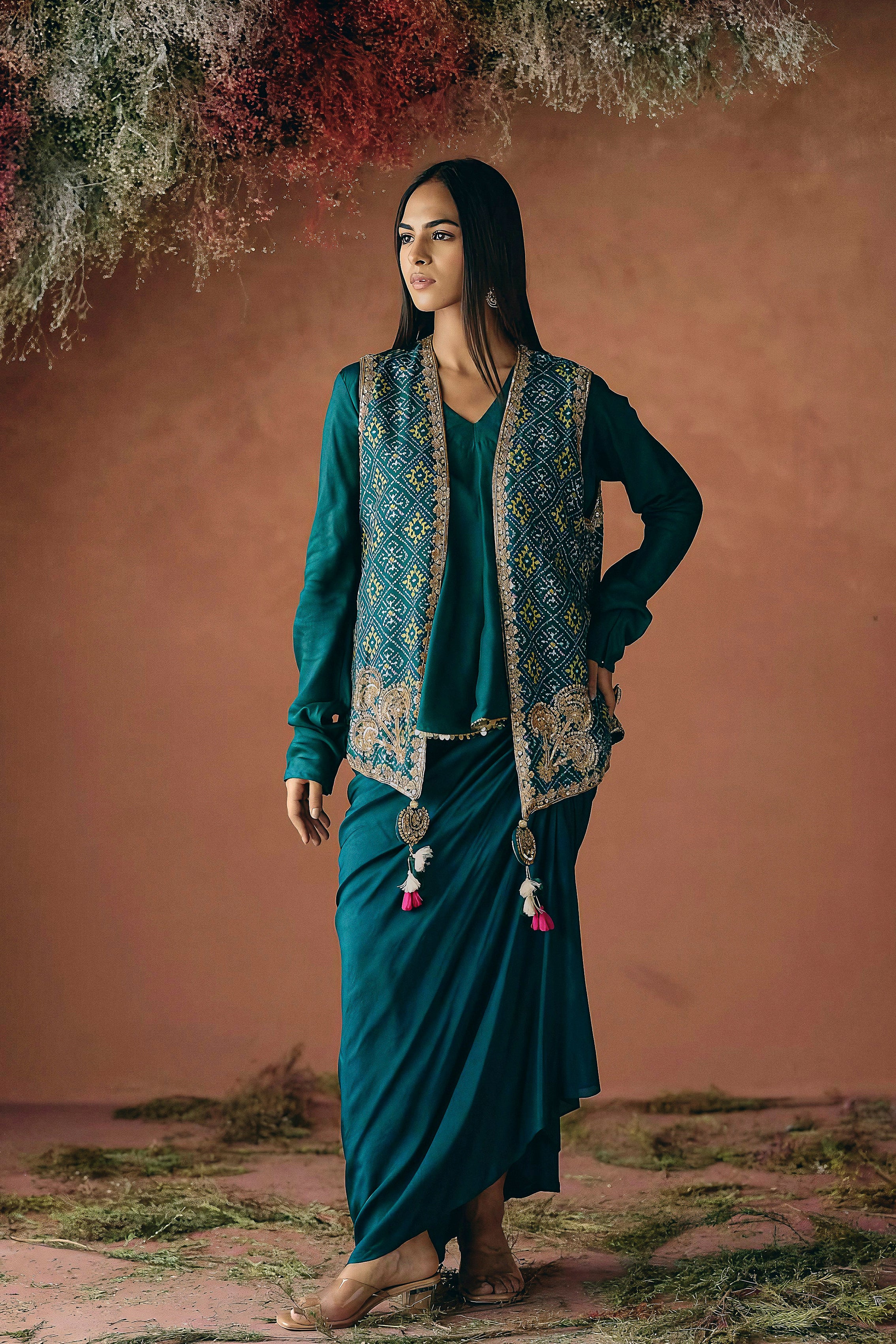 Teal Green Embellished Premium Silk Skirt Set