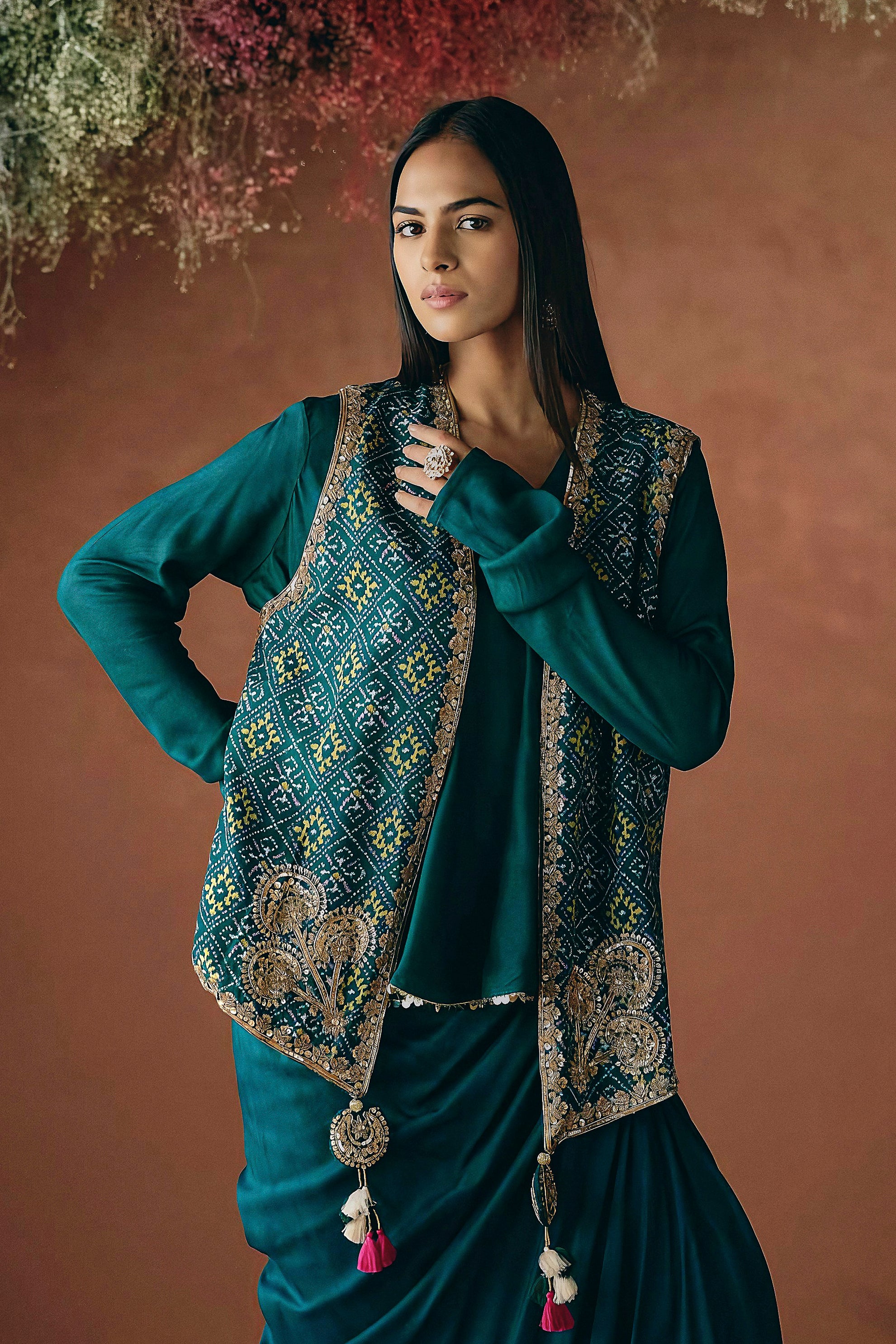 Teal Green Embellished Premium Silk Skirt Set