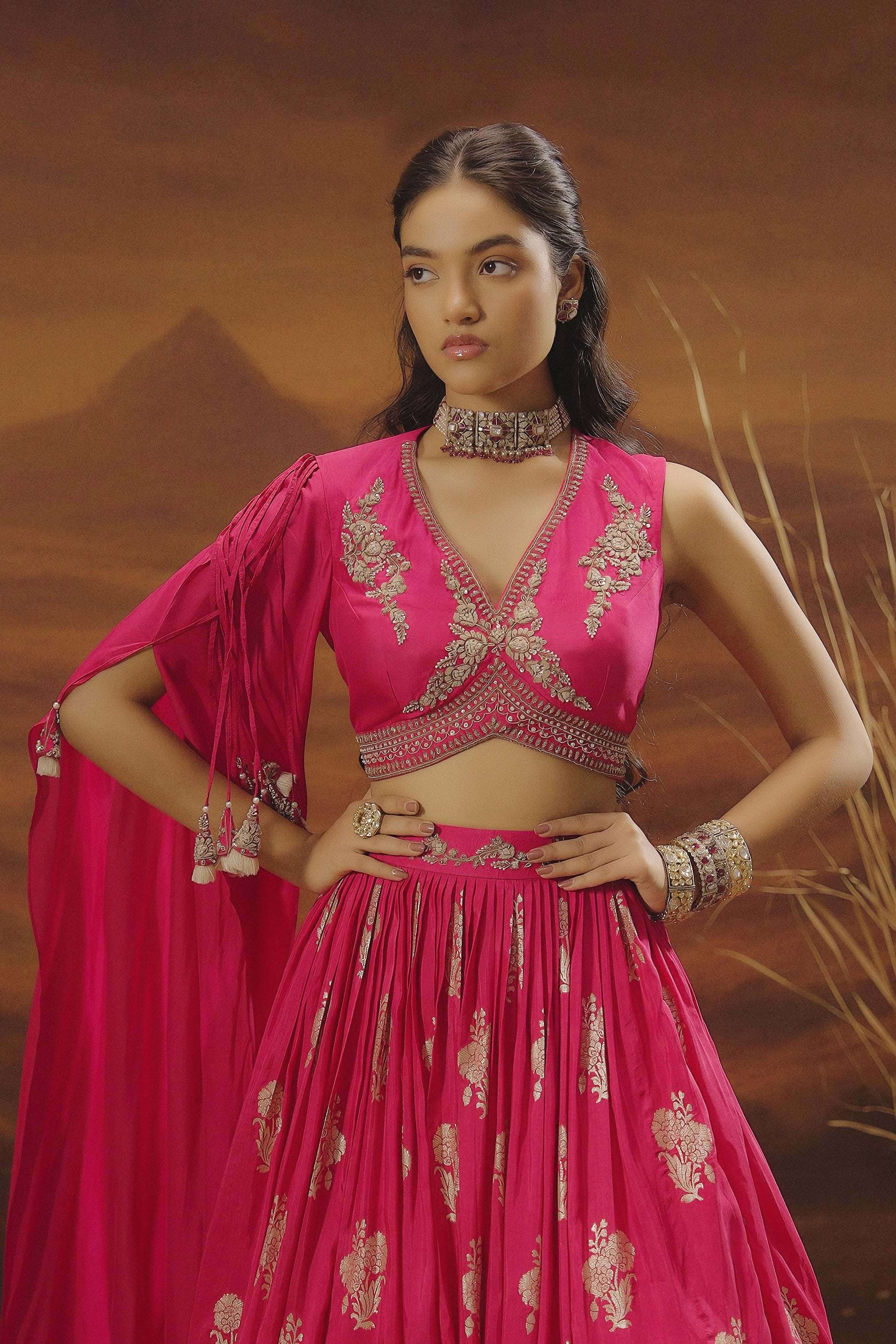 Hot Pink Embellished Chinon Silk Skirt Set
