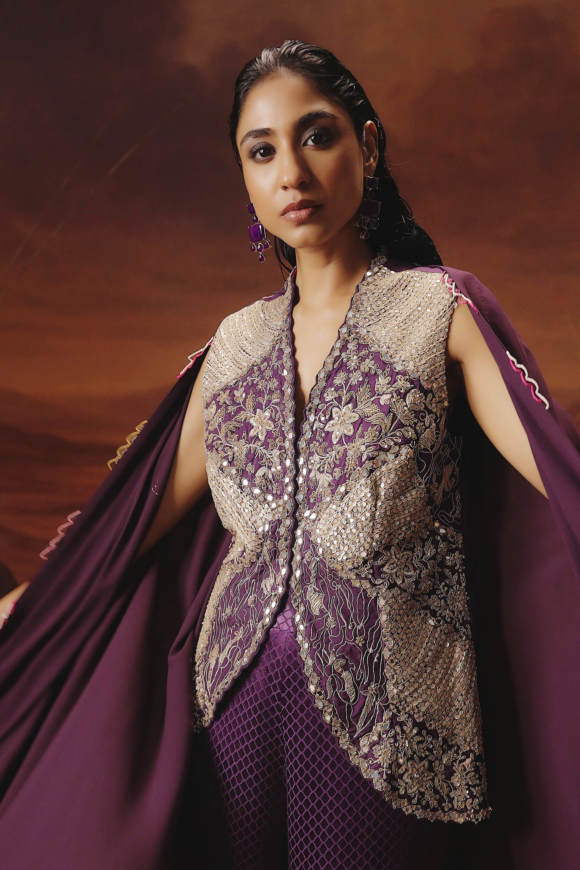Purple Embellished Jacquard Silk Palazzo Set