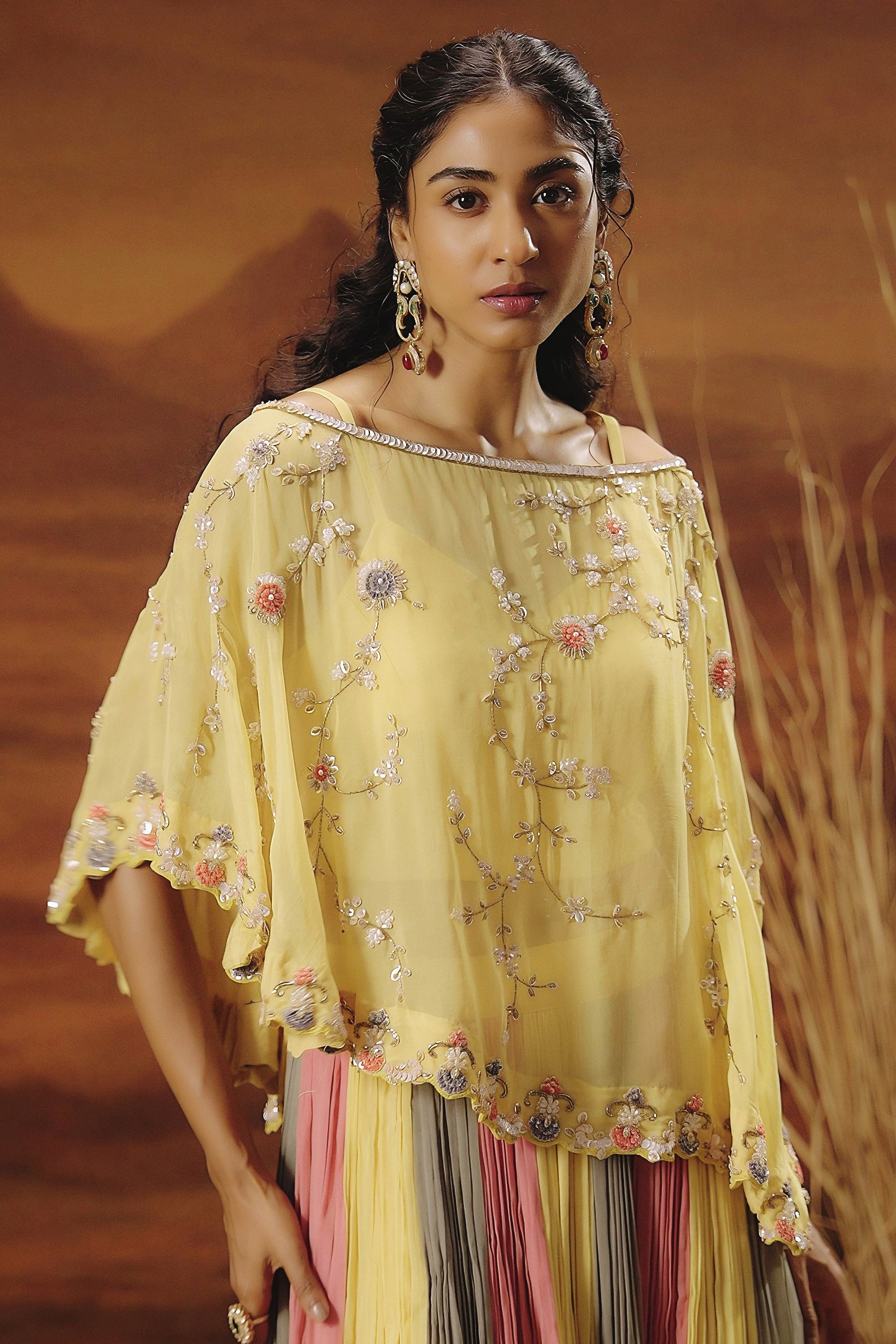 Pastel Yellow Embellished Soft Organza Silk Skirt Set