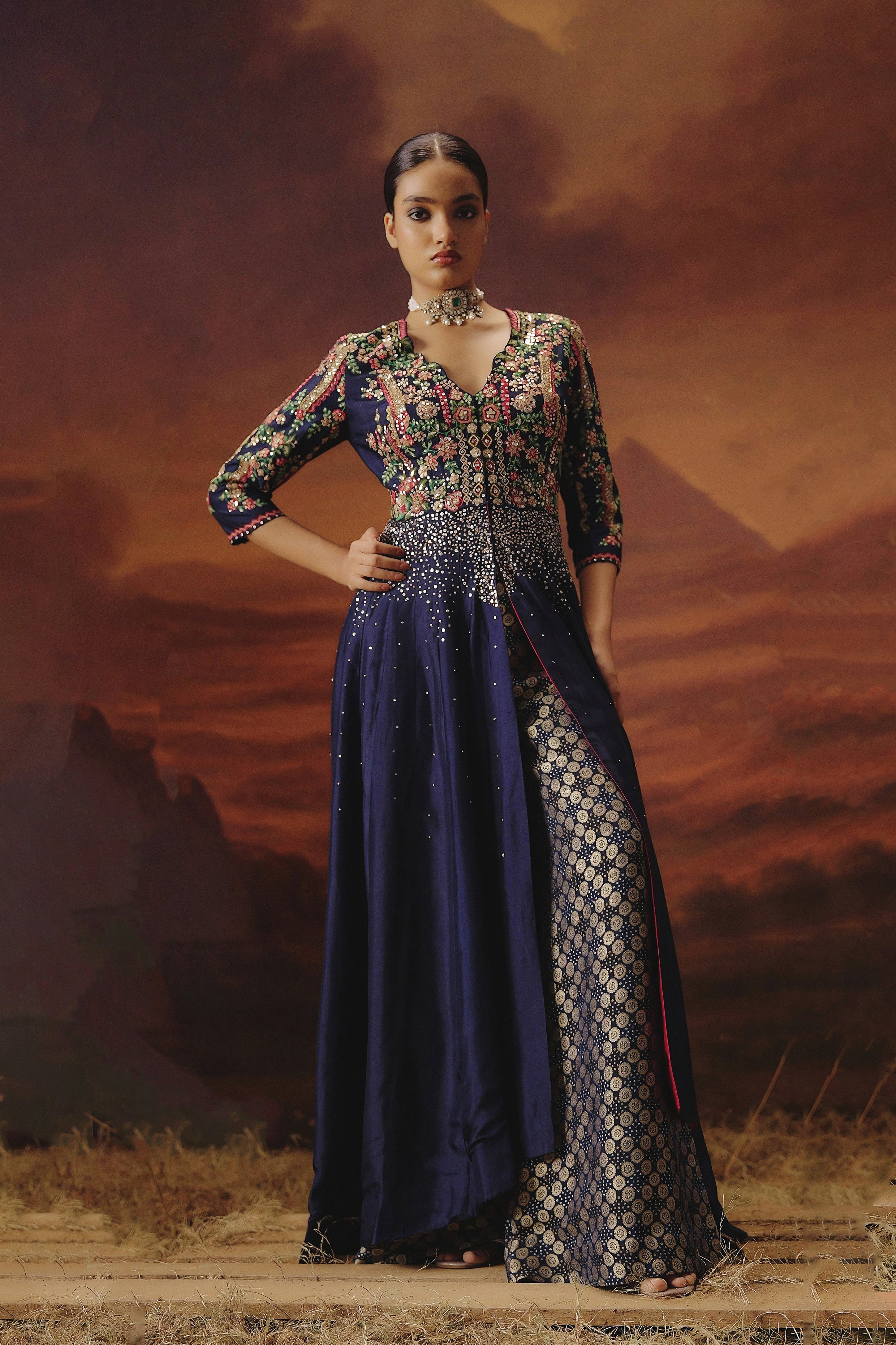 Navy Blue Embellished Raw Silk Palazzo Set