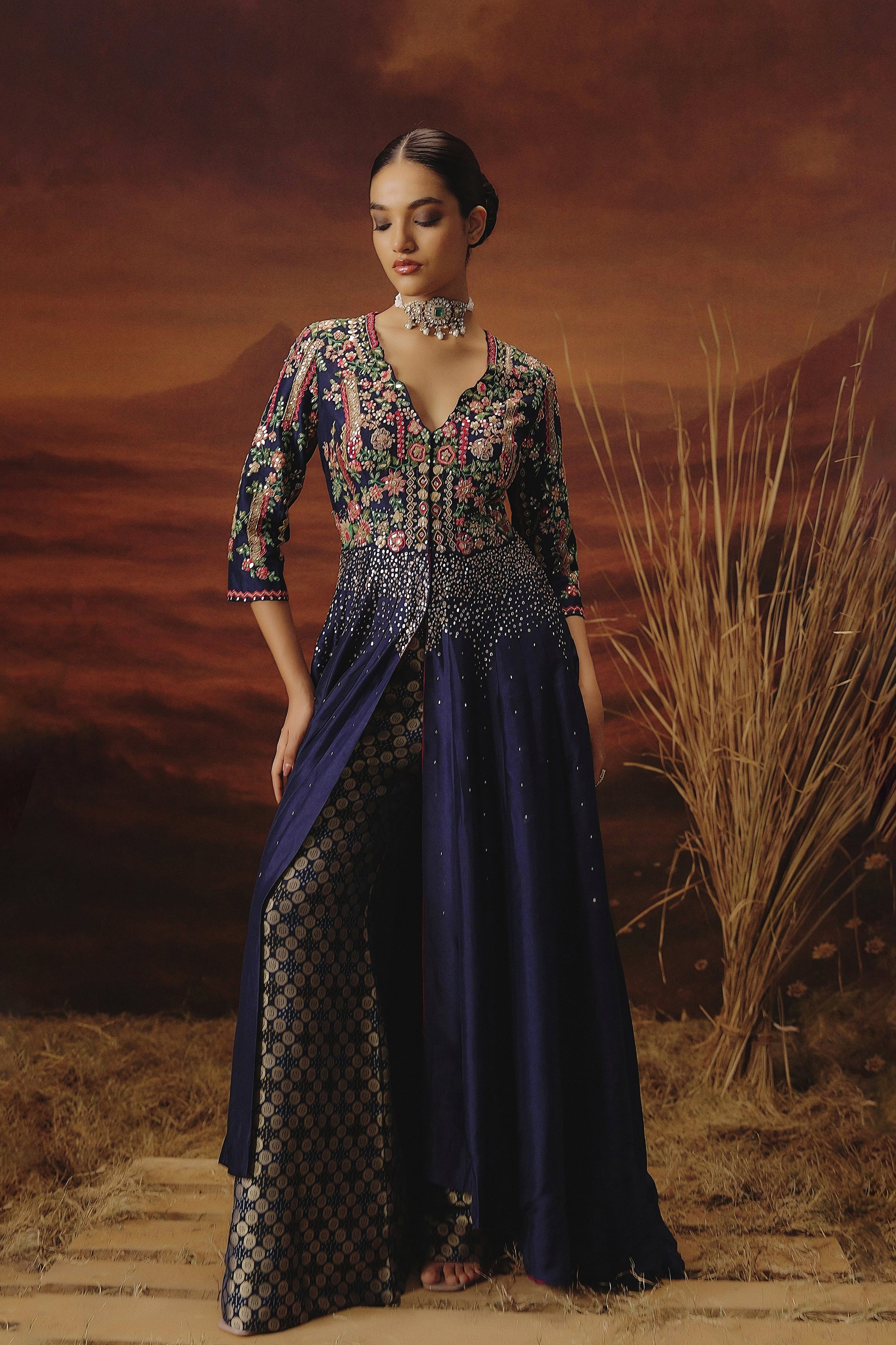 Navy Blue Embellished Raw Silk Palazzo Set