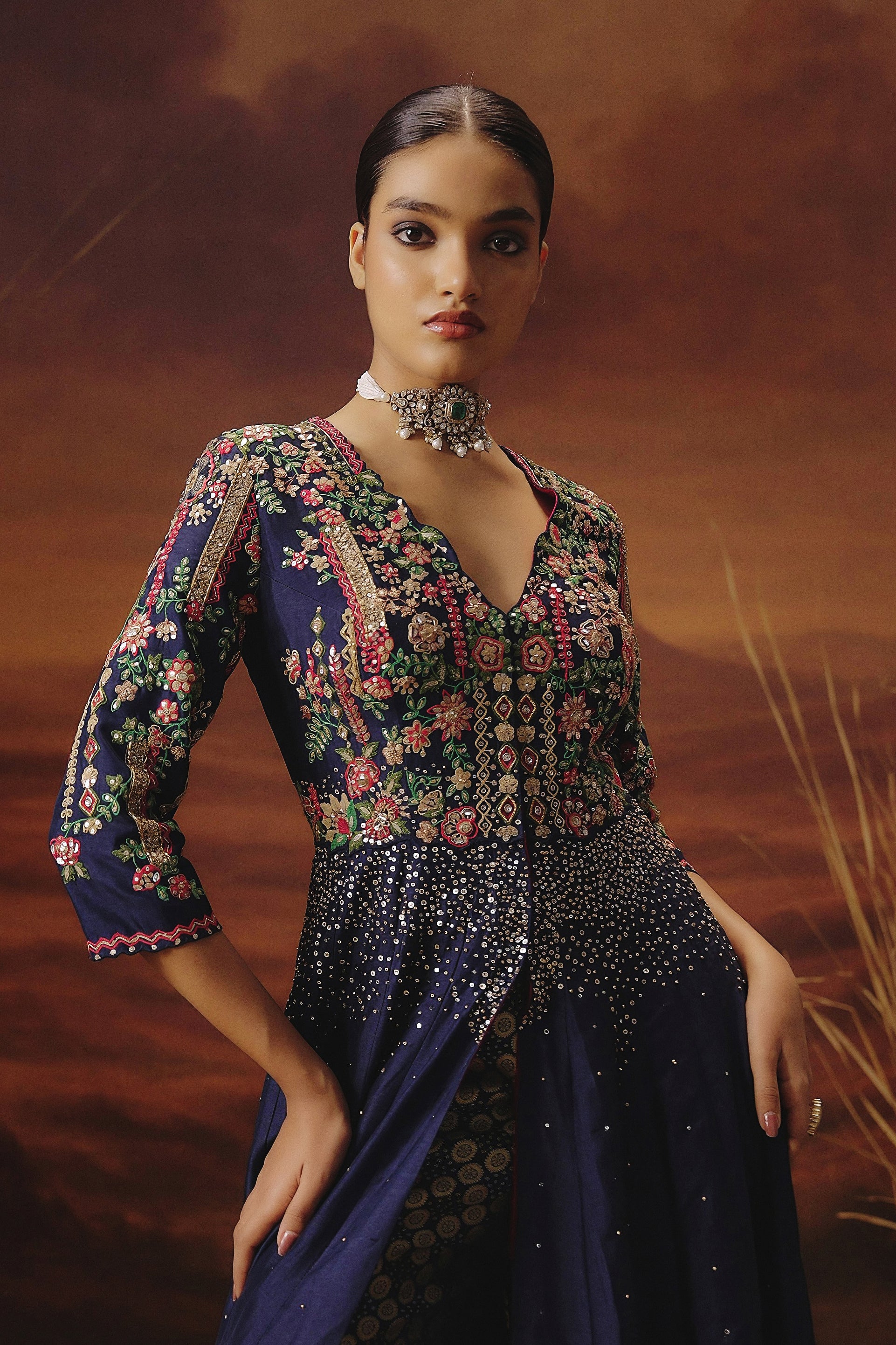 Navy Blue Embellished Raw Silk Palazzo Set