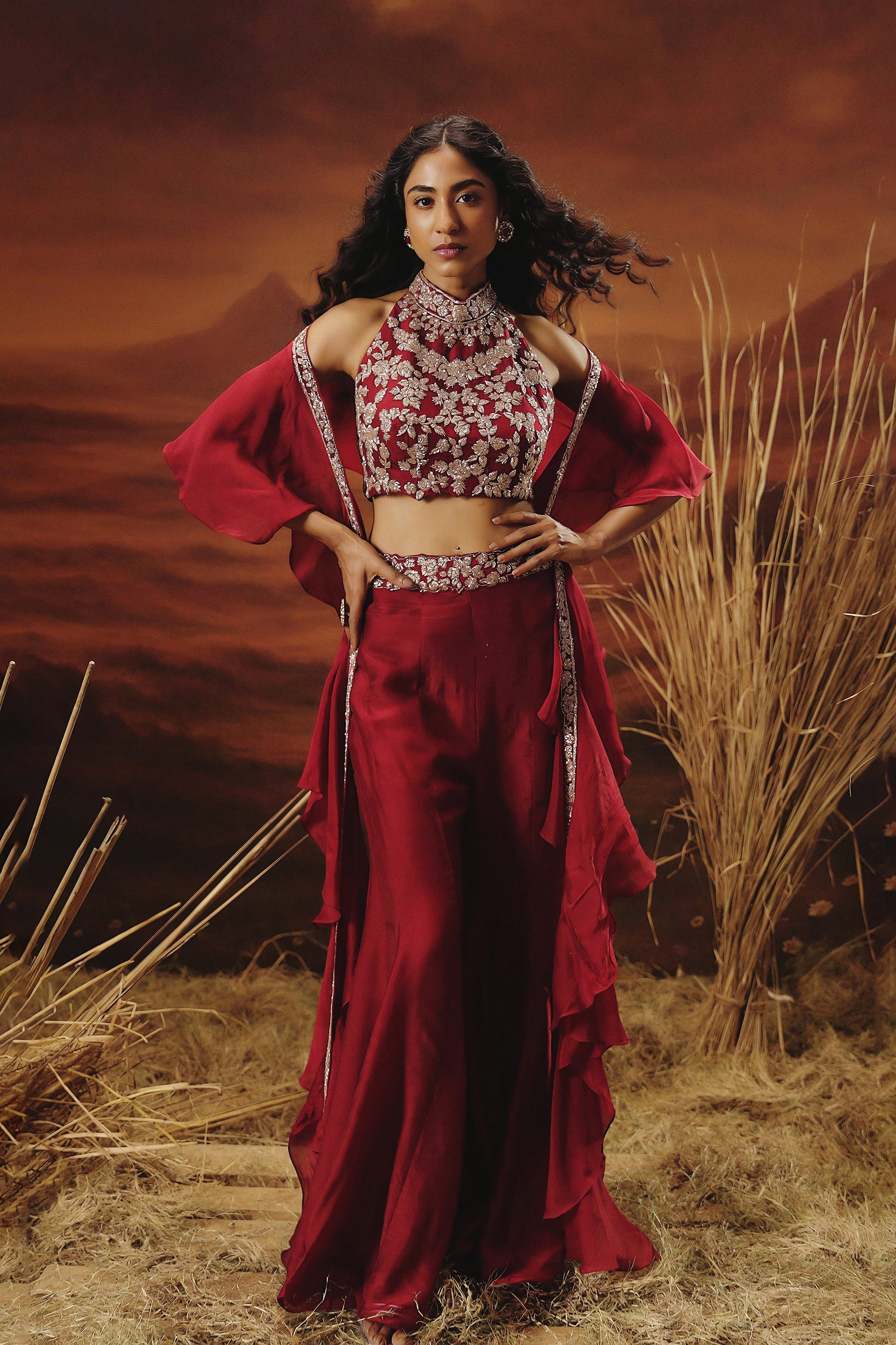 Deep Red Embellished Soft Organza Silk Palazzo Set