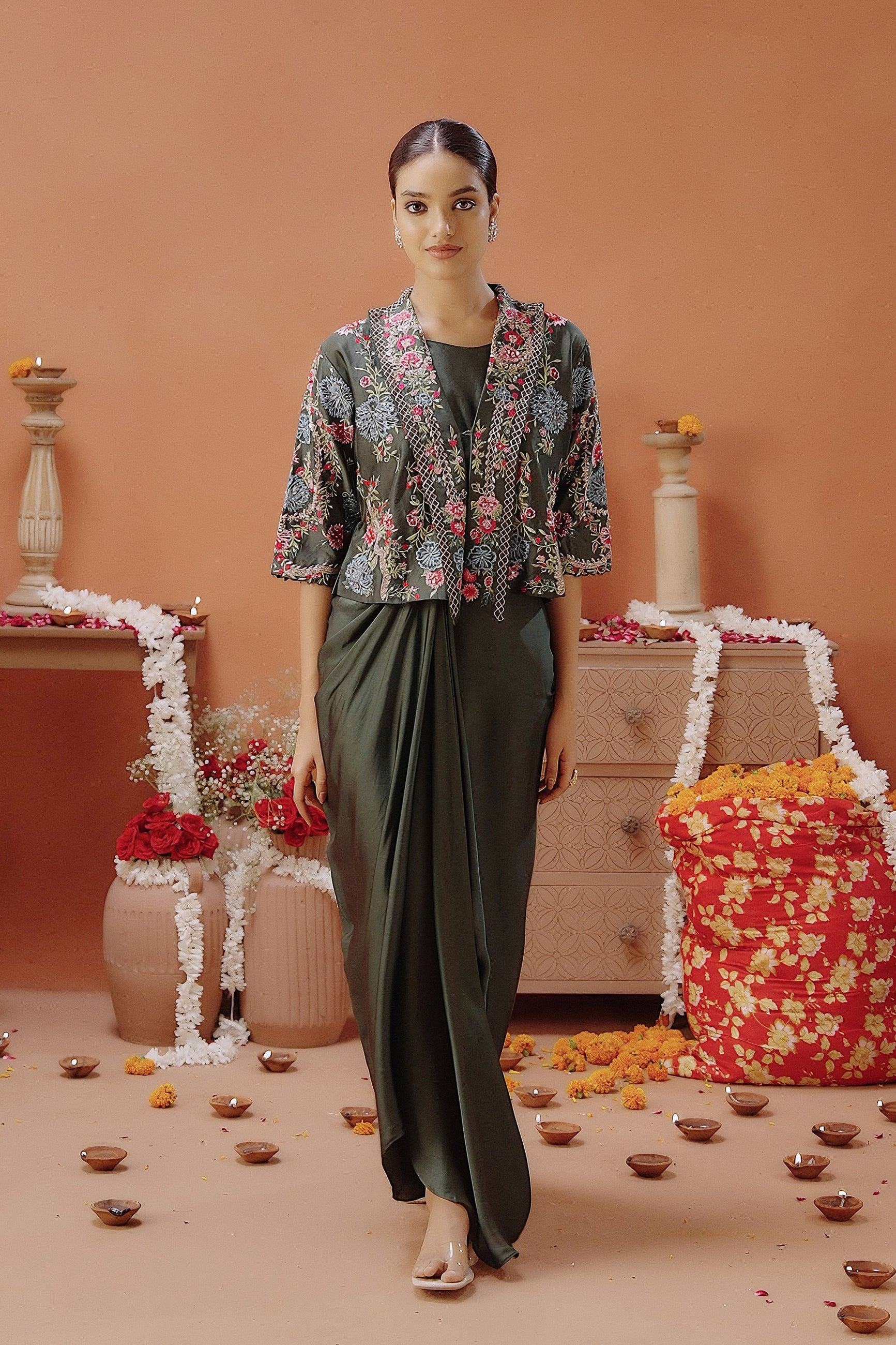 Dark Green Embellished Satin Silk Drape Skirt With Jacket
