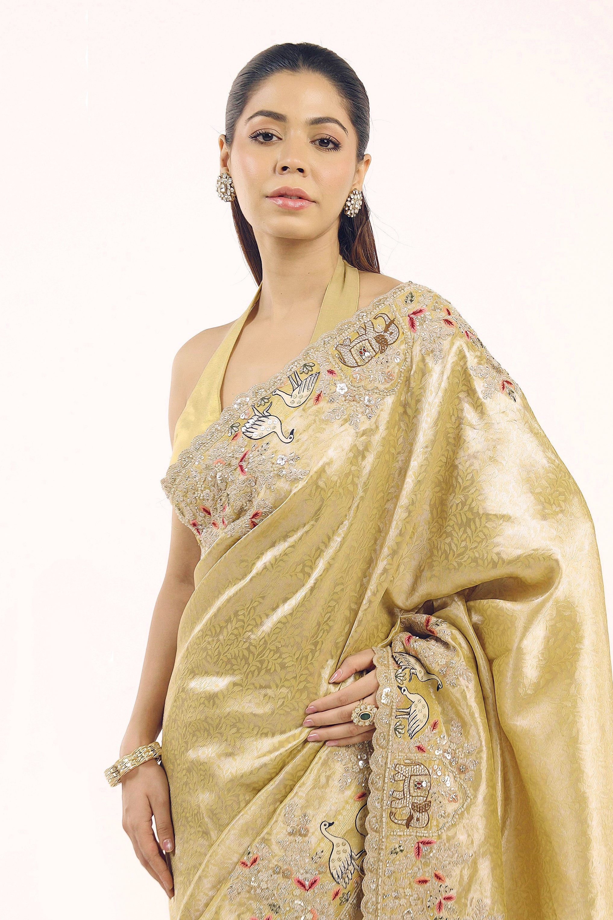 Champagne Gold Embellished Shimmer Tissue Silk Saree
