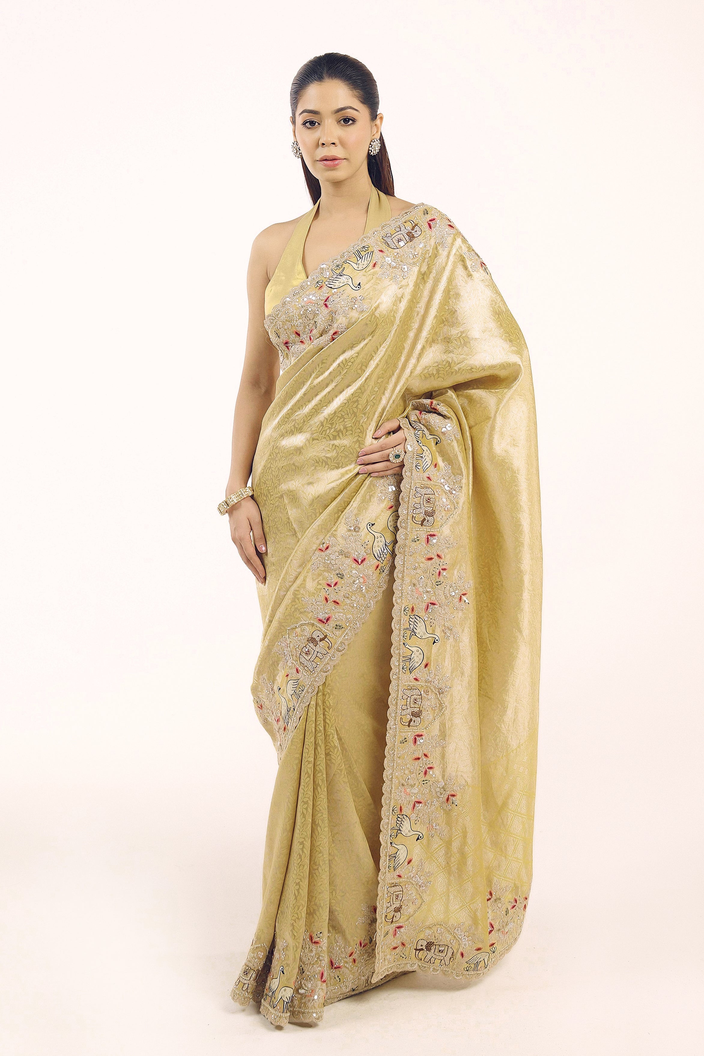 Champagne Gold Embellished Shimmer Tissue Silk Saree