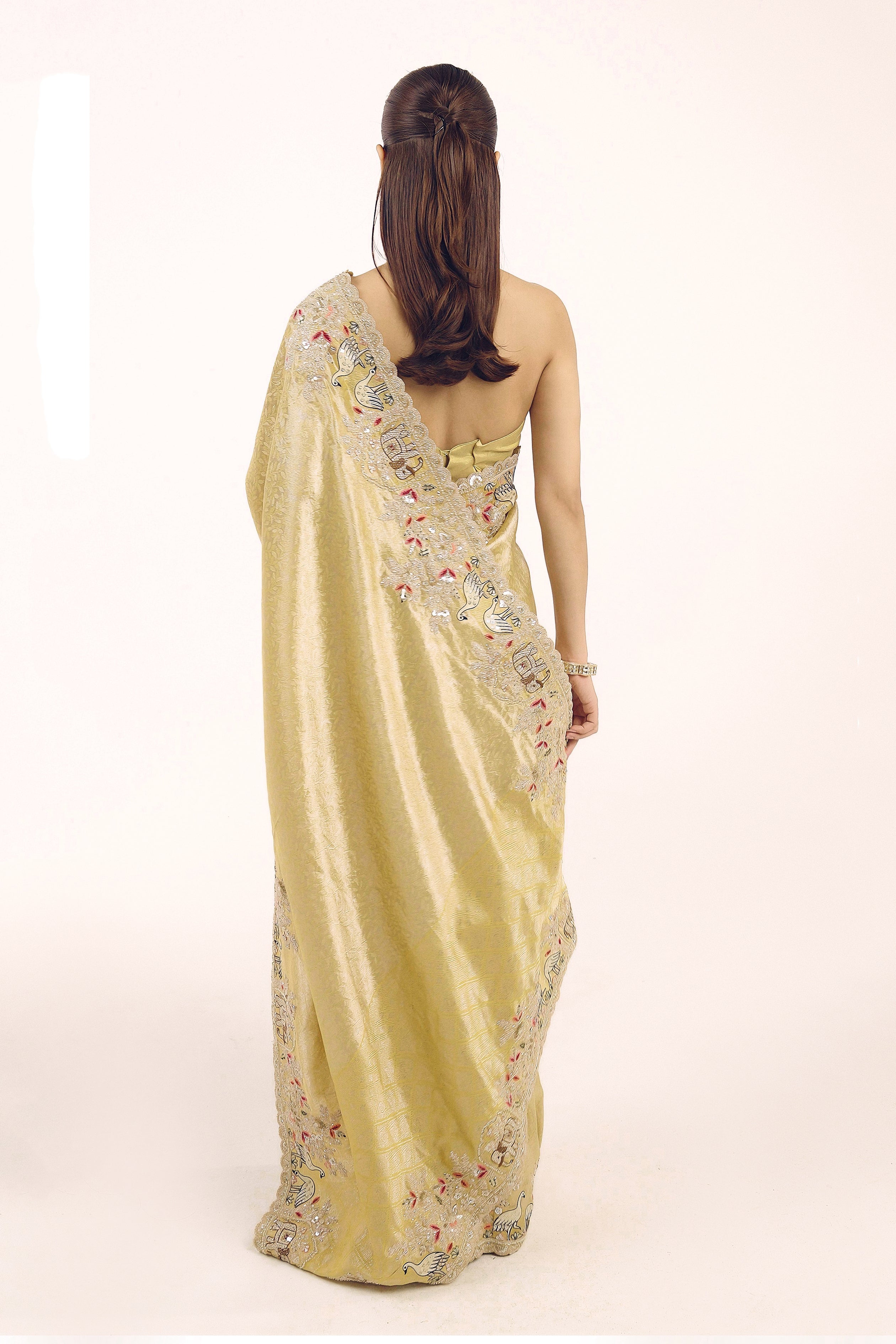 Champagne Gold Embellished Shimmer Tissue Silk Saree