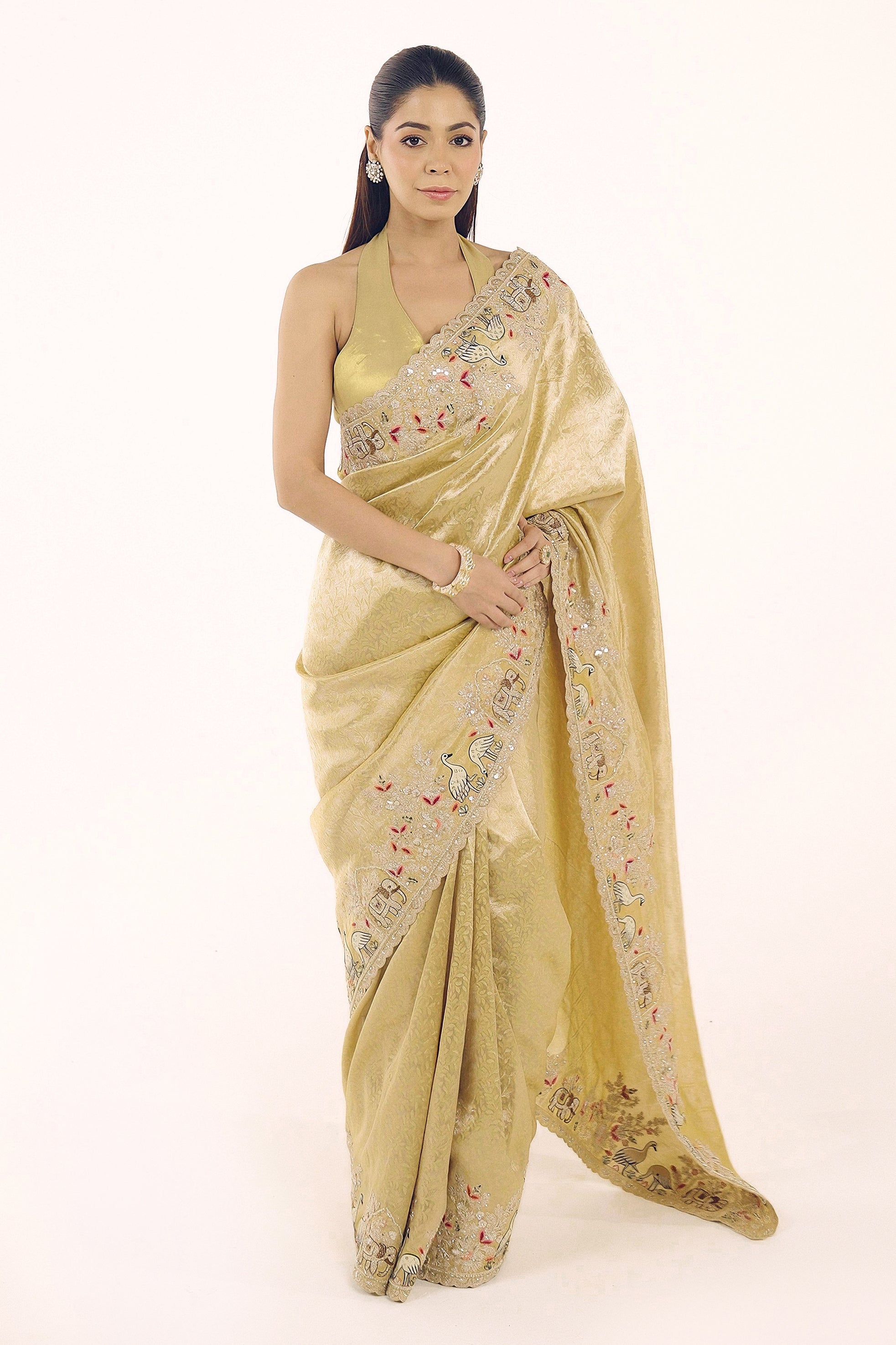 Champagne Gold Embellished Shimmer Tissue Silk Saree