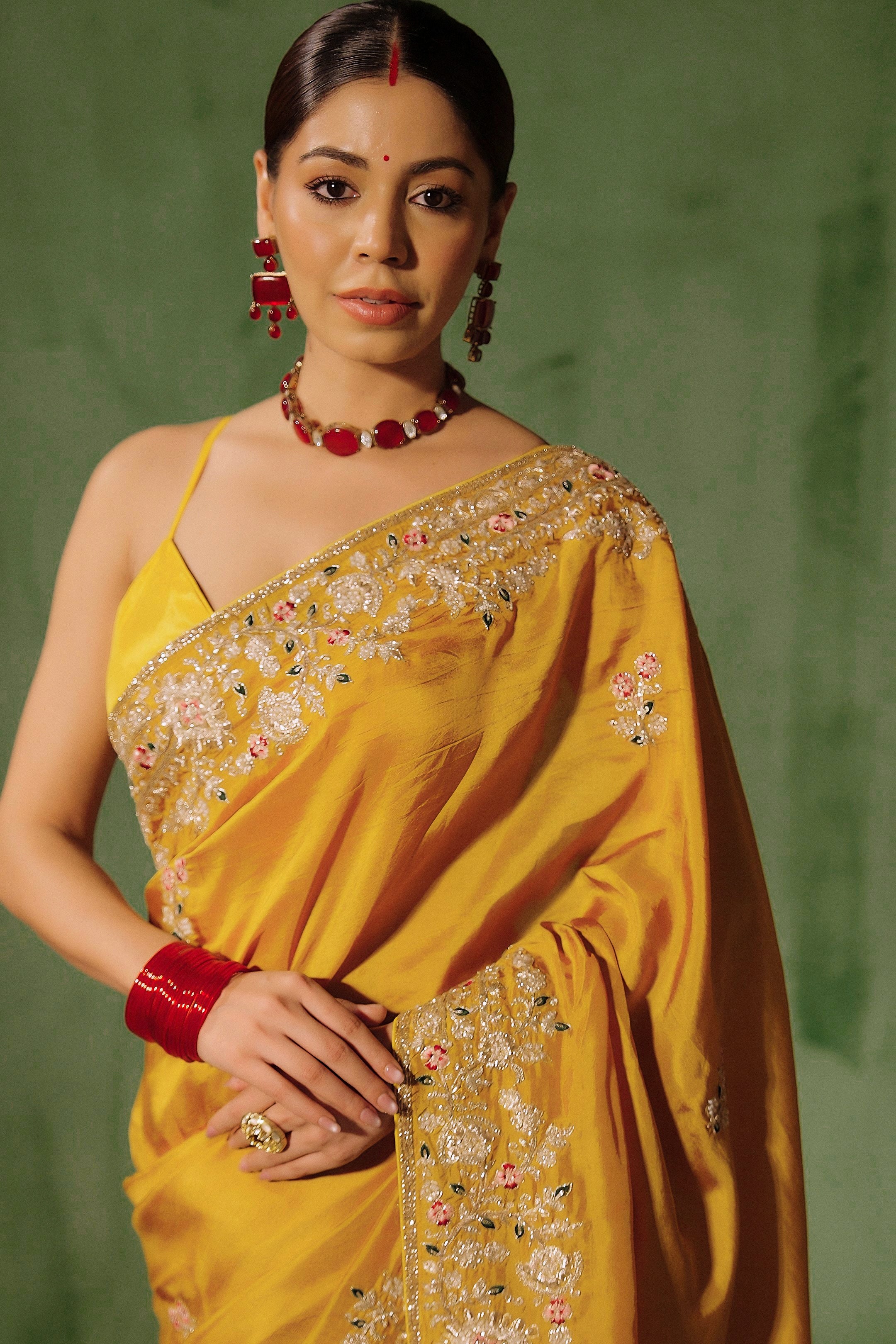 Marigold Yellow Embellished Premium Silk Saree