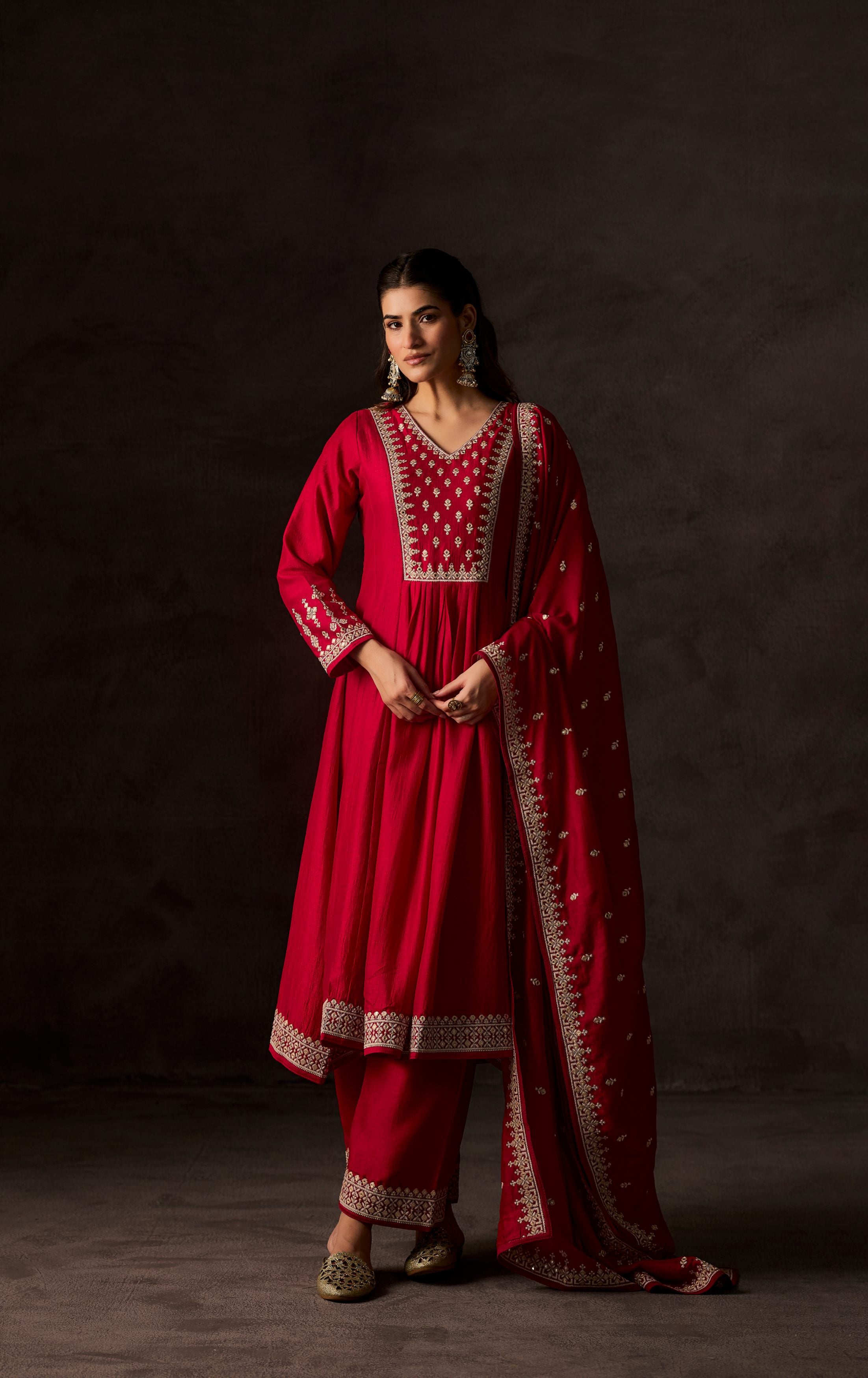 Red Embellished Raw Silk Anarkali Set