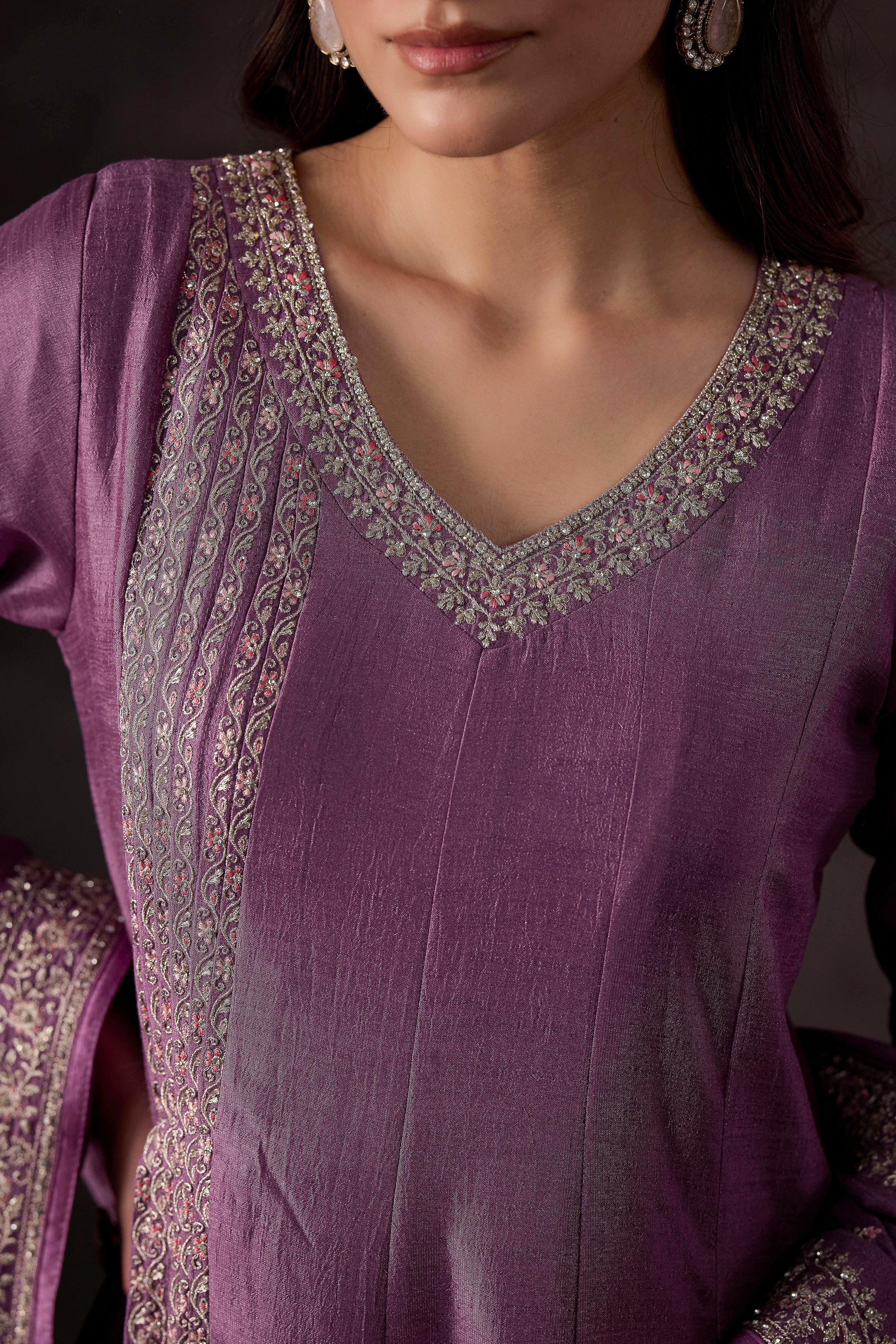 Pastel Purple Embellished Raw Silk Anarkali Set
