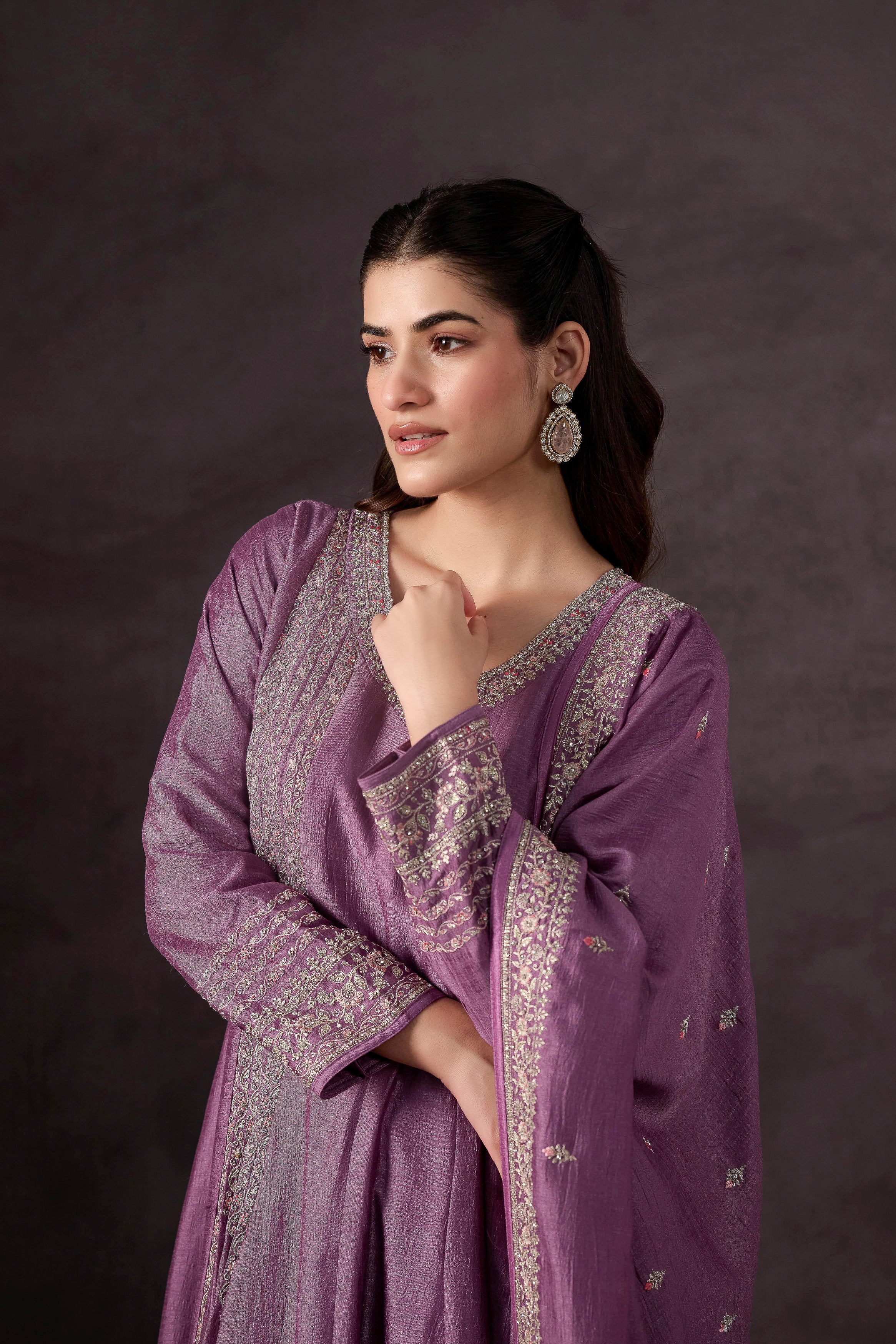 Pastel Purple Embellished Raw Silk Anarkali Set