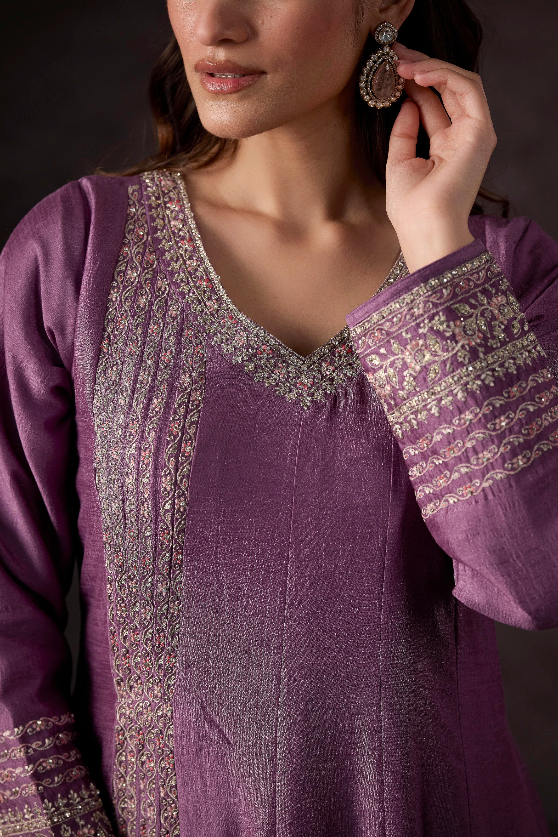 Pastel Purple Embellished Raw Silk Anarkali Set