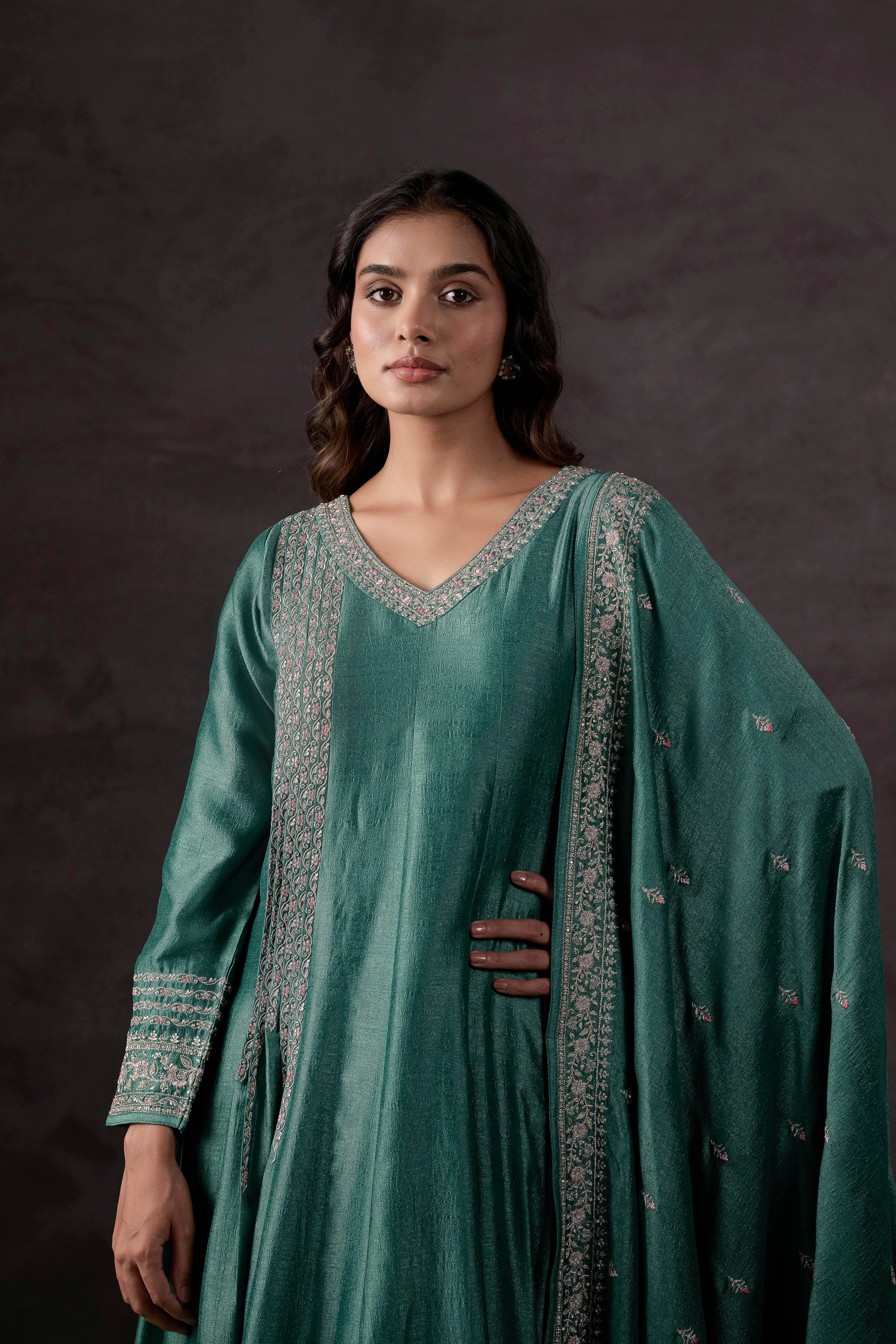 Light Green Embellished Raw Silk Anarkali Set