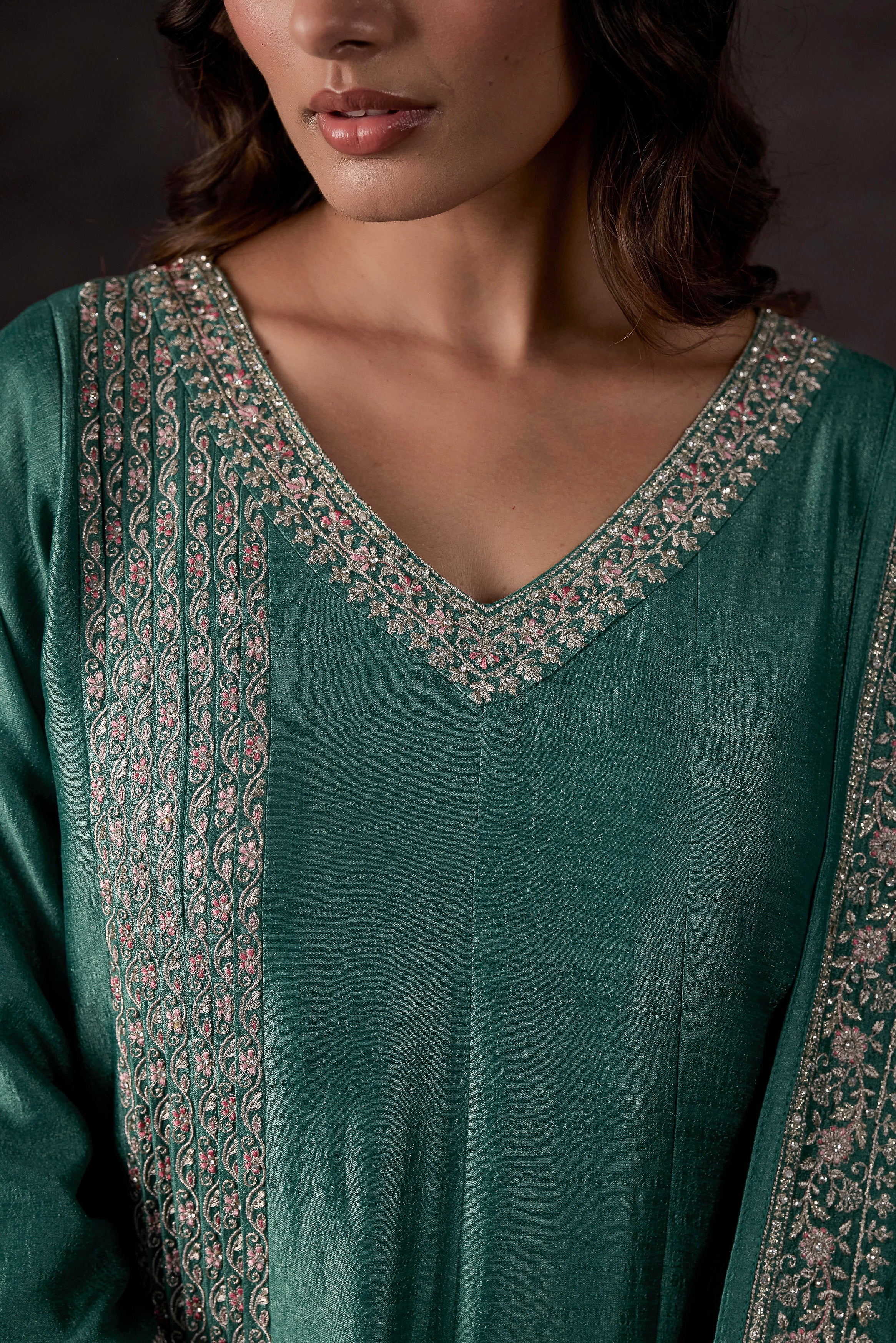 Light Green Embellished Raw Silk Anarkali Set