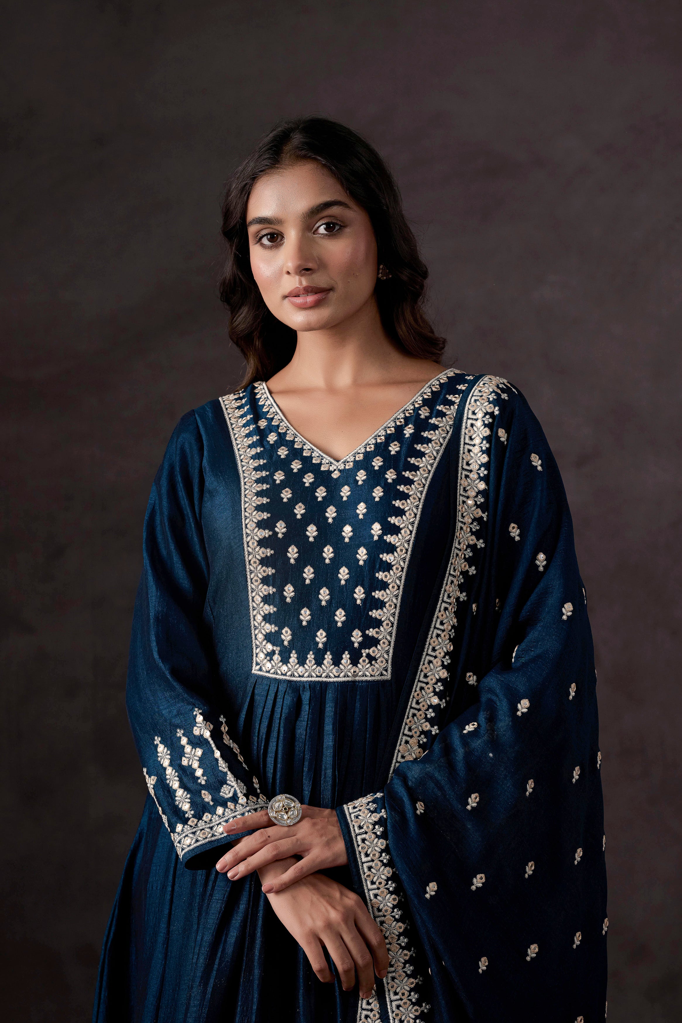 Teal Blue Embellished Raw Silk Anarkali Set