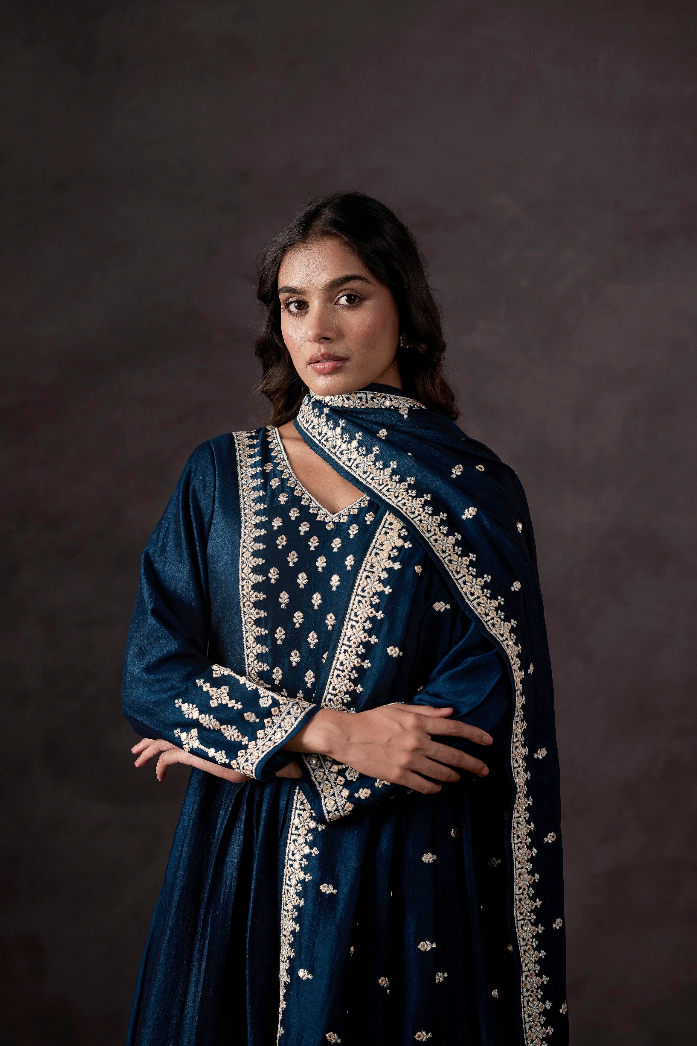 Teal Blue Embellished Raw Silk Anarkali Set