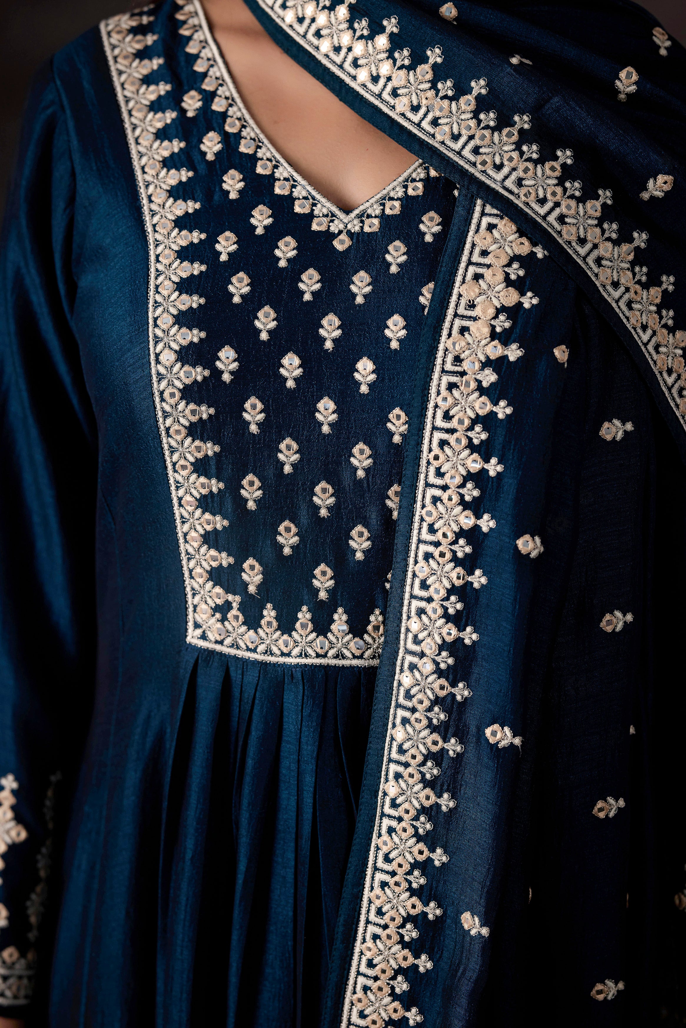 Teal Blue Embellished Raw Silk Anarkali Set