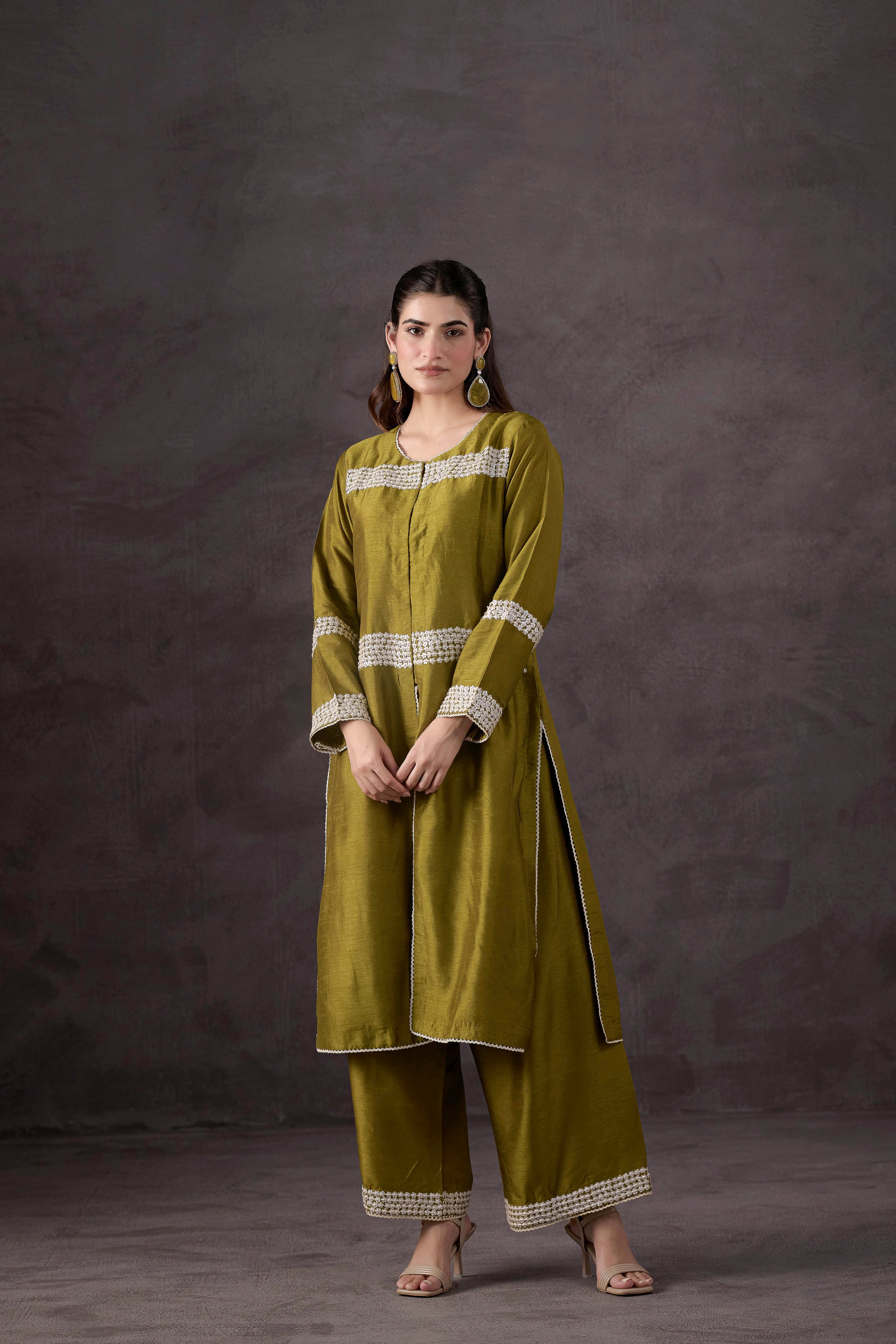 Olive Green Embellished Raw Silk Kurta Set