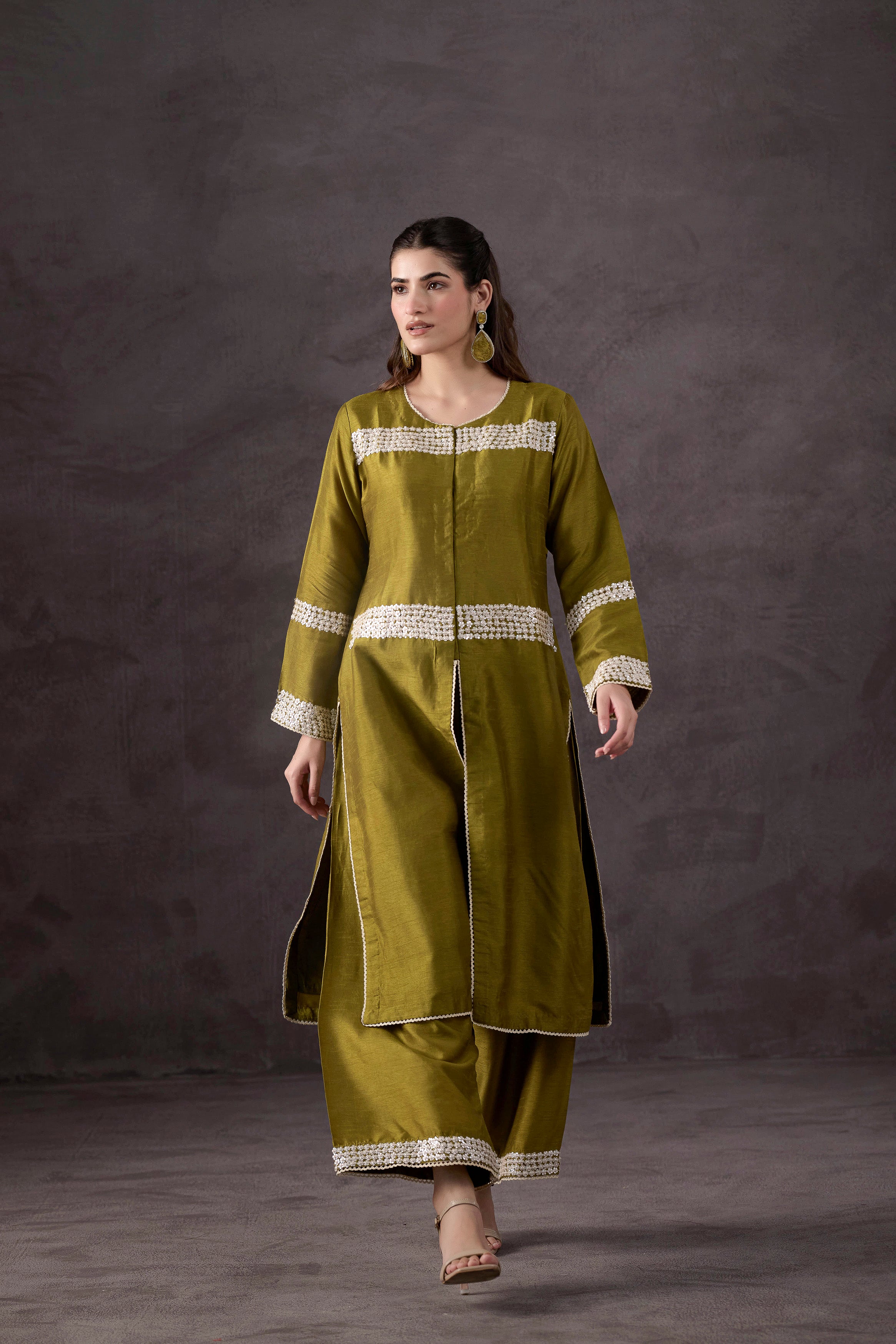 Olive Green Embellished Raw Silk Kurta Set