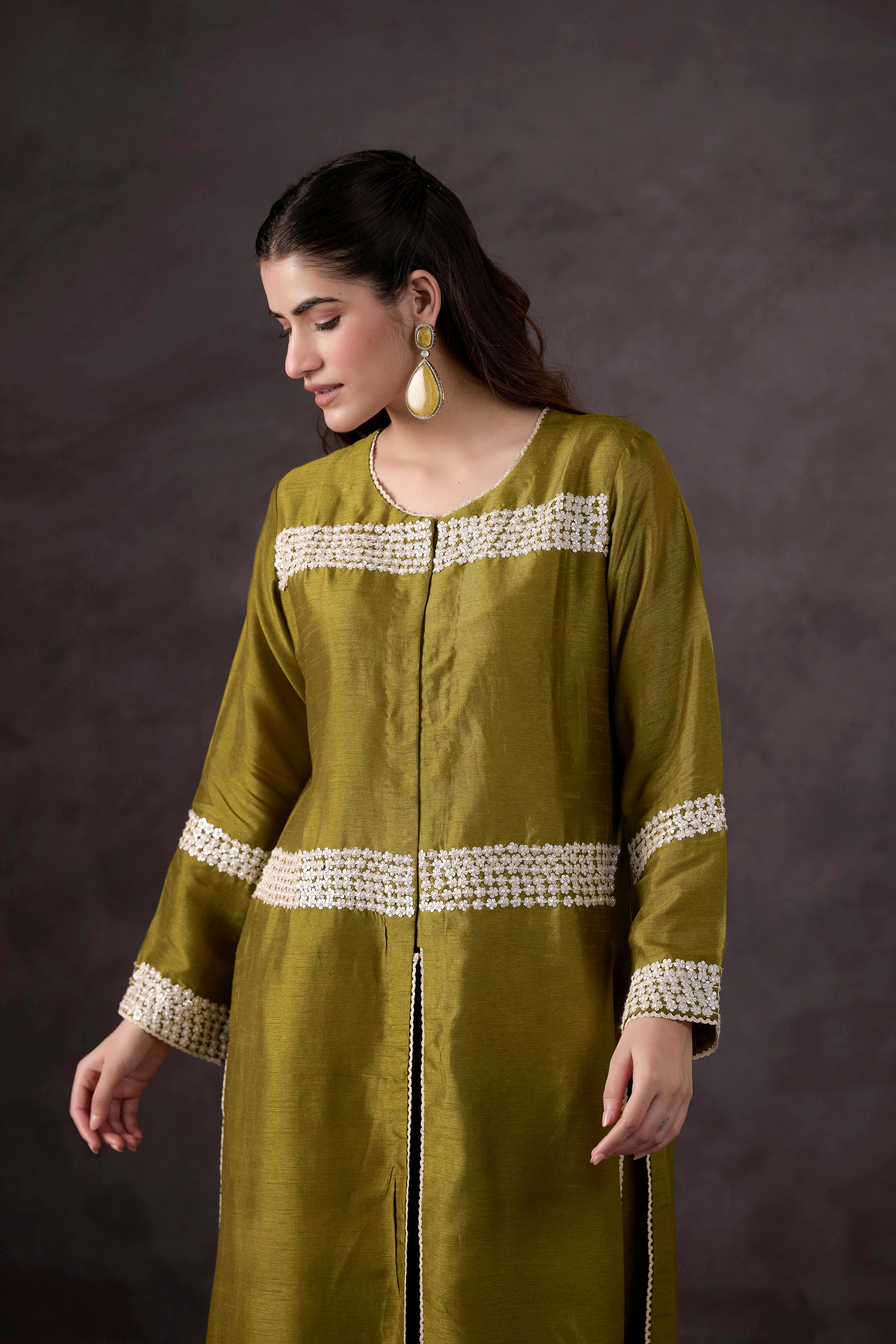 Olive Green Embellished Raw Silk Kurta Set