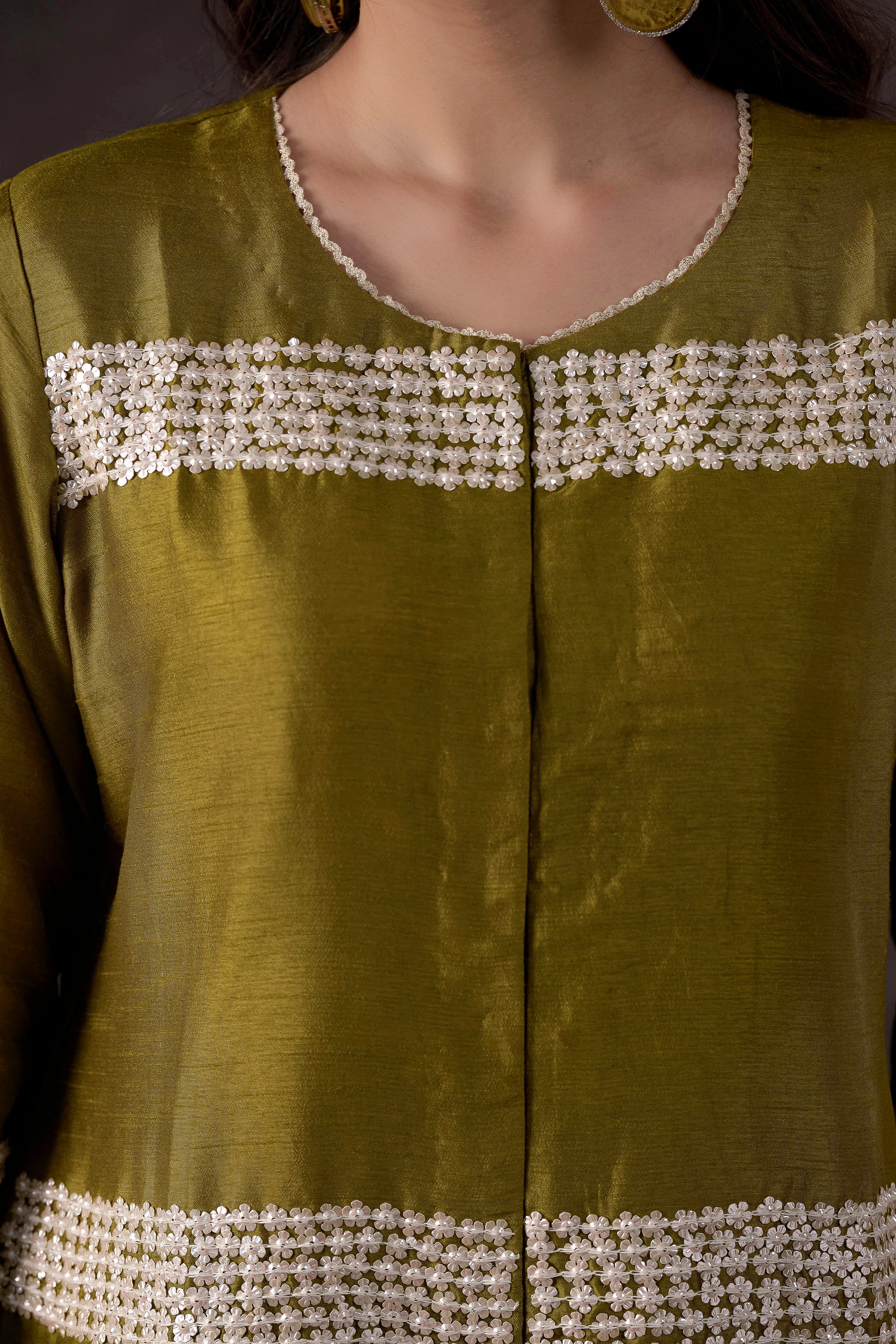 Olive Green Embellished Raw Silk Kurta Set
