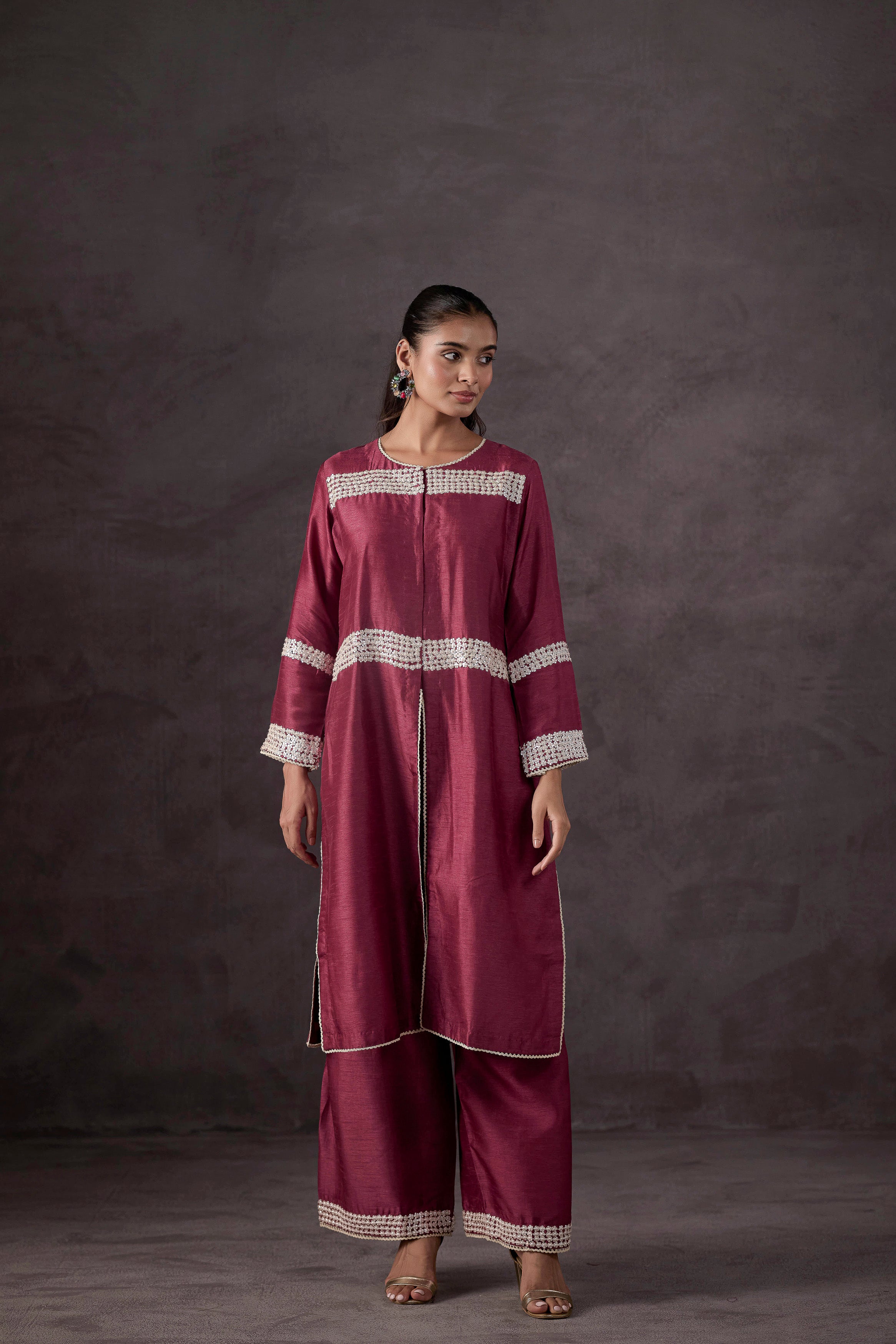 Purple Pink Embellished Raw Silk Kurta Set