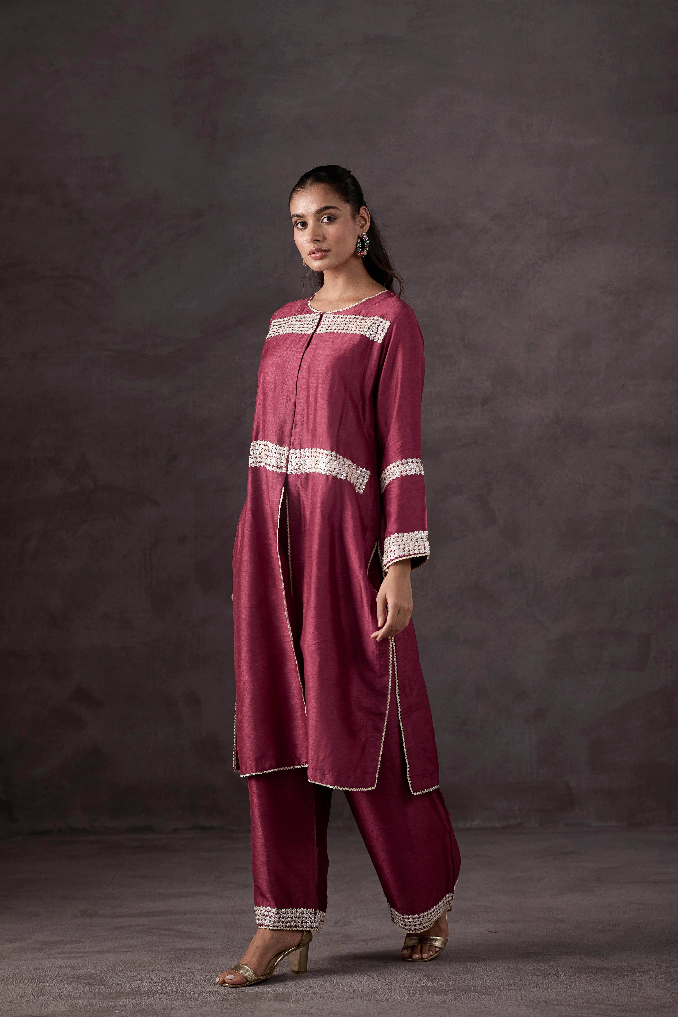 Purple Pink Embellished Raw Silk Kurta Set