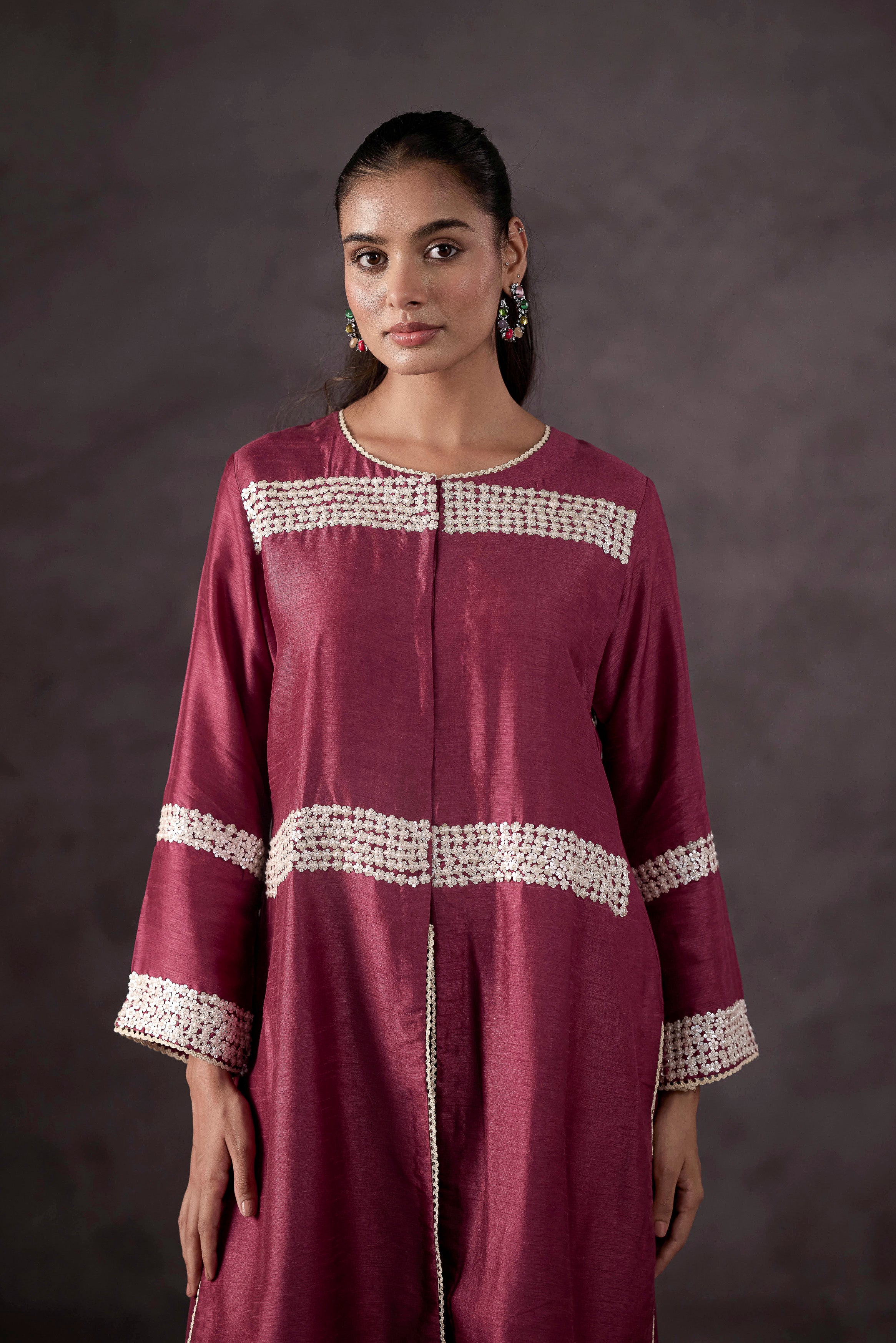 Purple Pink Embellished Raw Silk Kurta Set