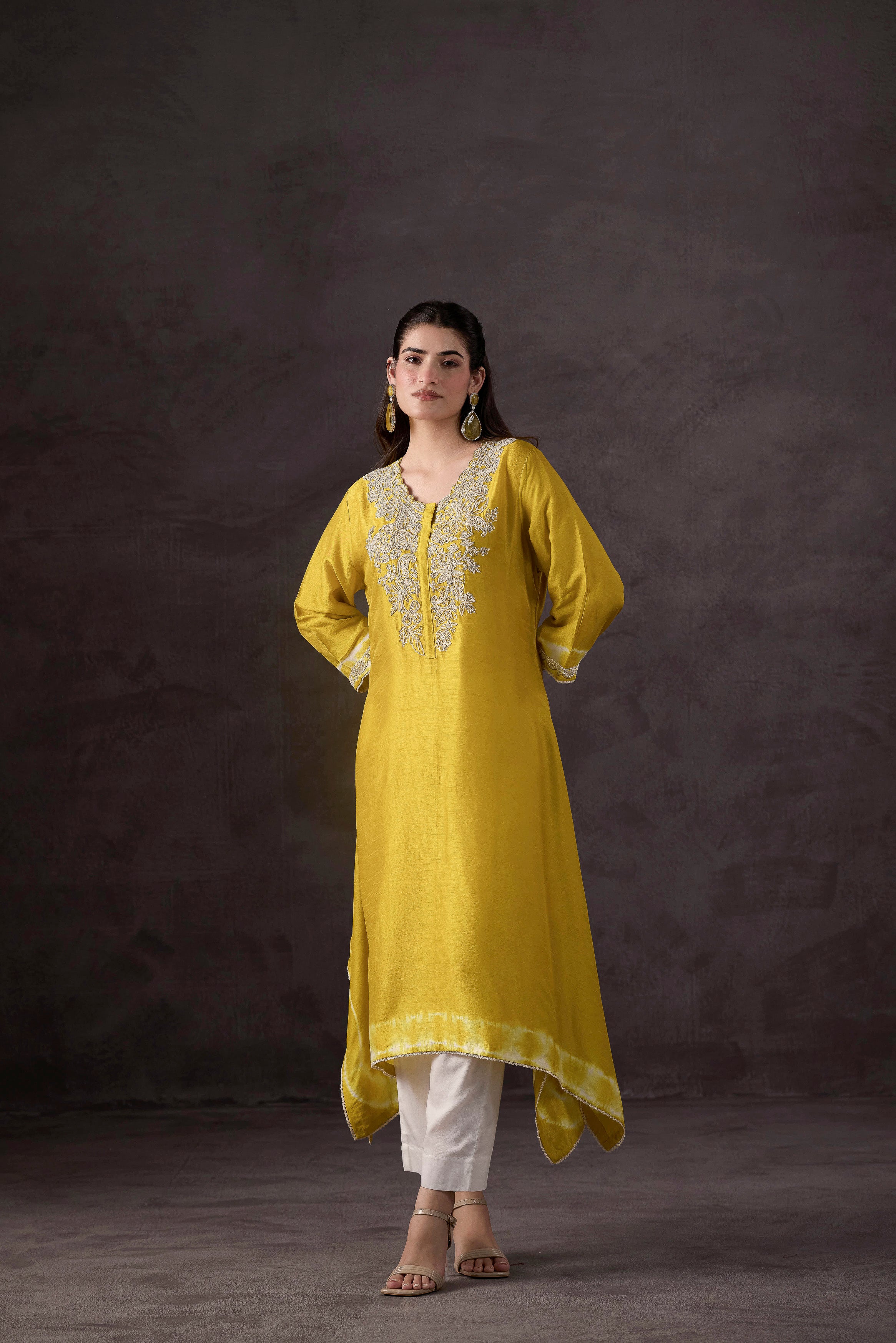 Bright Yelow Embellished Raw Silk Kurta