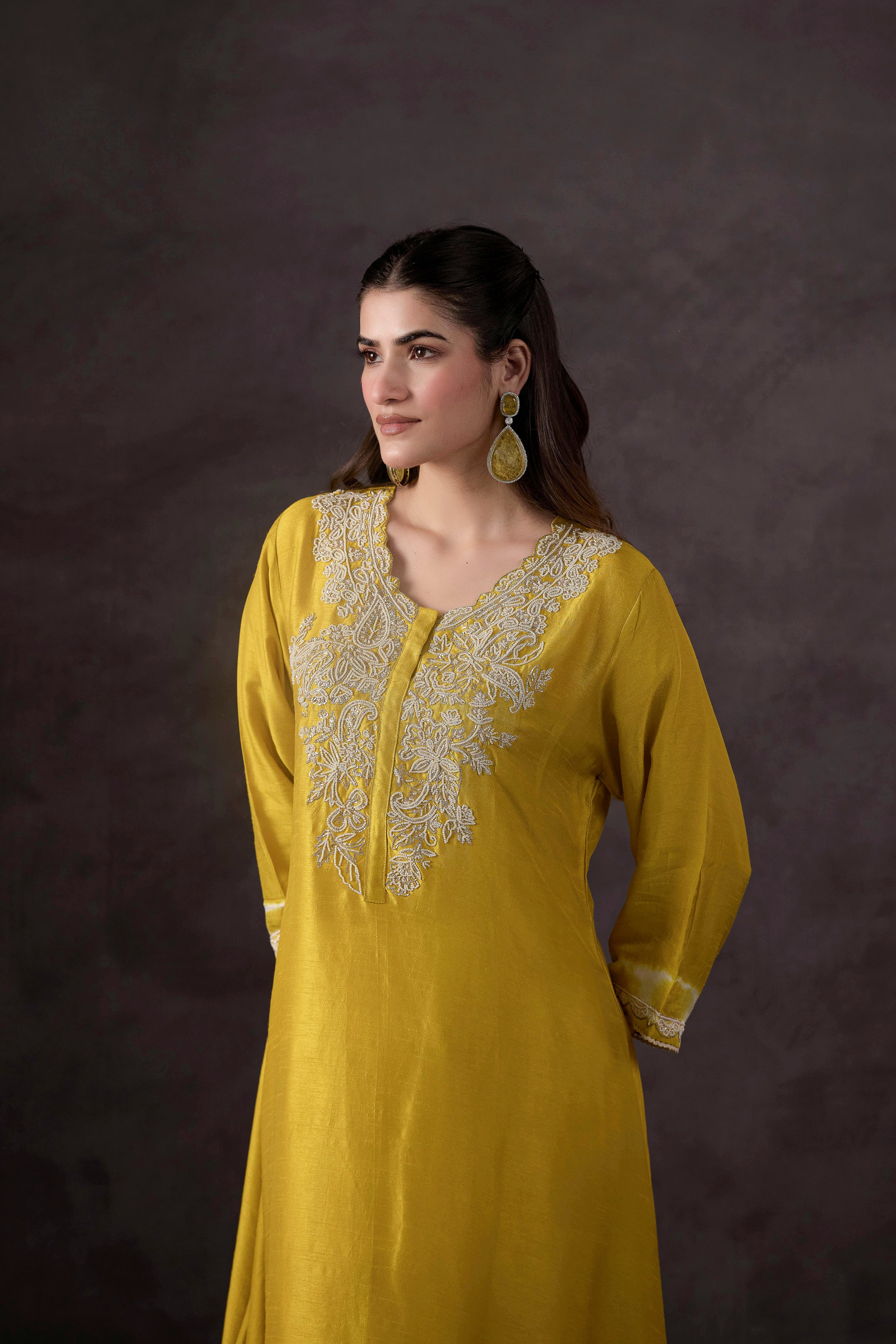Bright Yelow Embellished Raw Silk Kurta