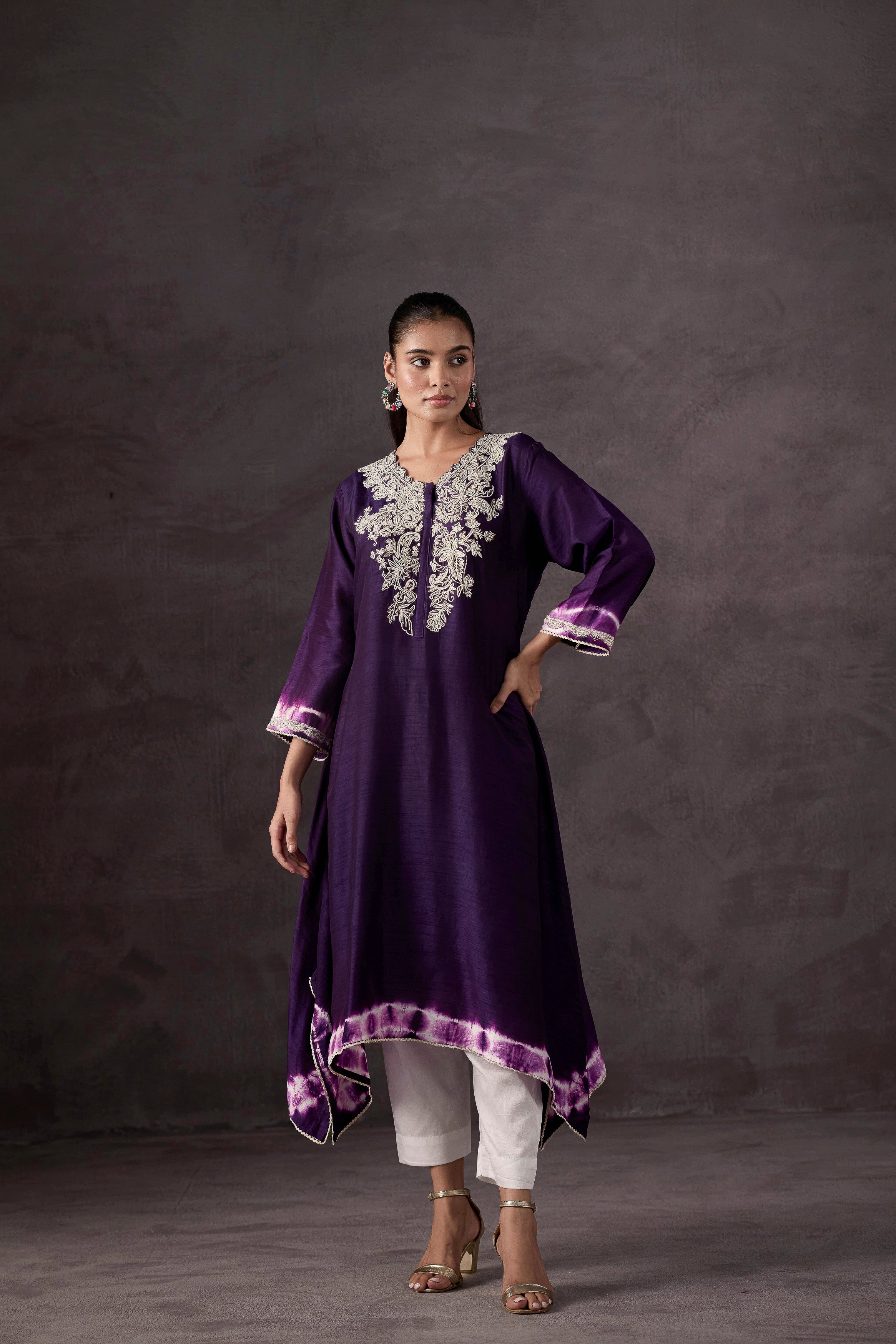 Dark Purple Embellished Raw Silk Kurta Set